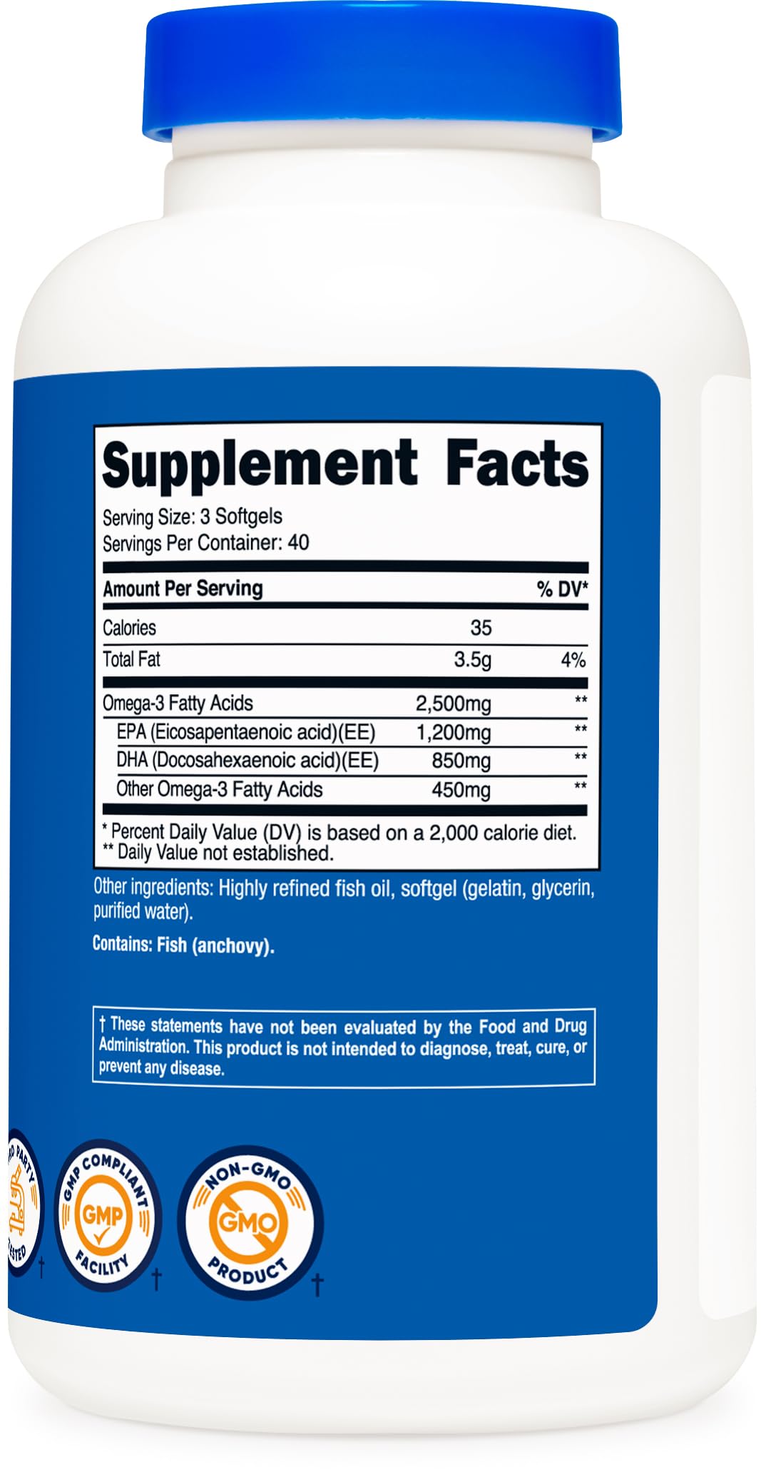 Nutricost Omega 3 Fish Oil - 2500MG, 120 Softgels (40 Serv) - Fish Oil, Wild Caught! 1200mg EPA 850mg DHA - Non-GMO, Gluten Free