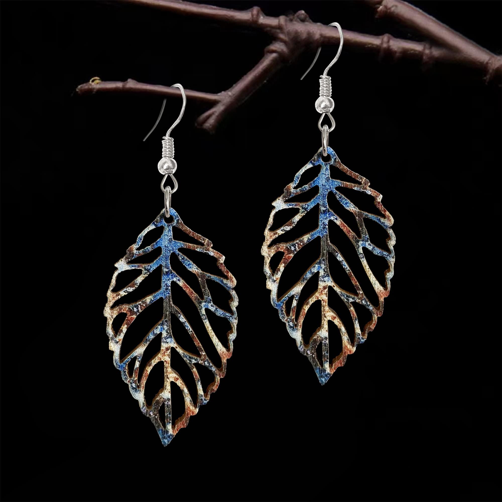 Handmade Bohemian Colorful Nature Wooden Leaf Dangle Drop Earrings Ethnic African Vintage Lightweight Boho Hollow Wood leaf Hook Earrings for Women Unique Geometry Jewelry (Colorful 2)