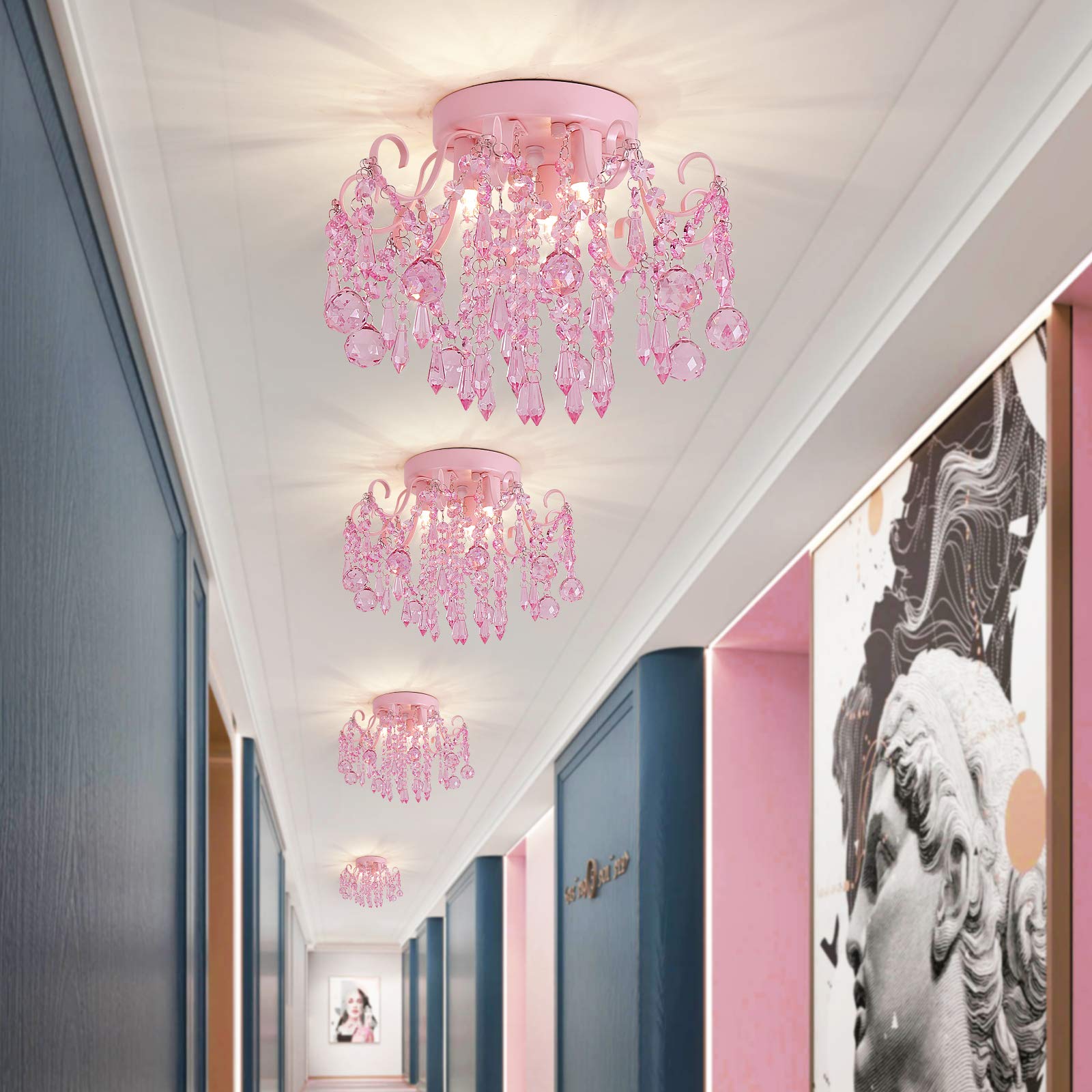 Q&S Mini Chandelier Crystal,Semi Flush Mount Pink Girl Chandelier, Small Crystal Ceiling Light Fixture Bedroom Bathroom Closet Nursery 3 Lights