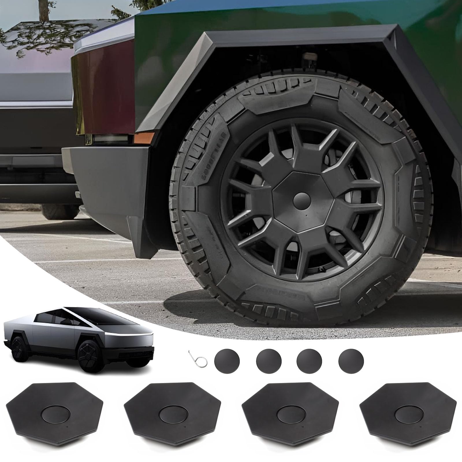 FINETOY Full Coverage Wheel Center Caps for Tesla Cybertruck Accessories, Rust Resistant Removable ABS Hub Center Caps Custom Design for Cybertruck 2024 (4pcs/Set)