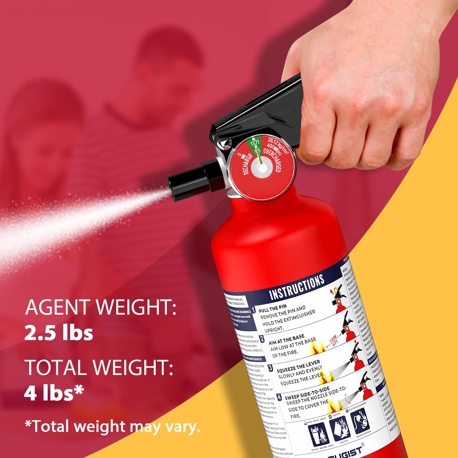 Ougist ABC Dry Powder Fire Extinguisher, 2.5 lb – 1-A:10-B:C Rated, Fire Extinguisher for Home, Kitchen, Office & Vehicle, Fire Extinguisher with Easy-Grip Handle & Quick Release, Model FF1KG, 1 Pack