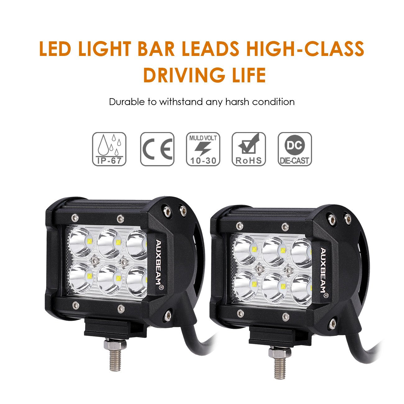 Auxbeam 2 Pcs LED Light Bars 4 inch LED Pods 18W Driving Light Spot Beam for Jeep, ATV, UTV, Truck, Offroad Vehicle (Without Wiring Harness)