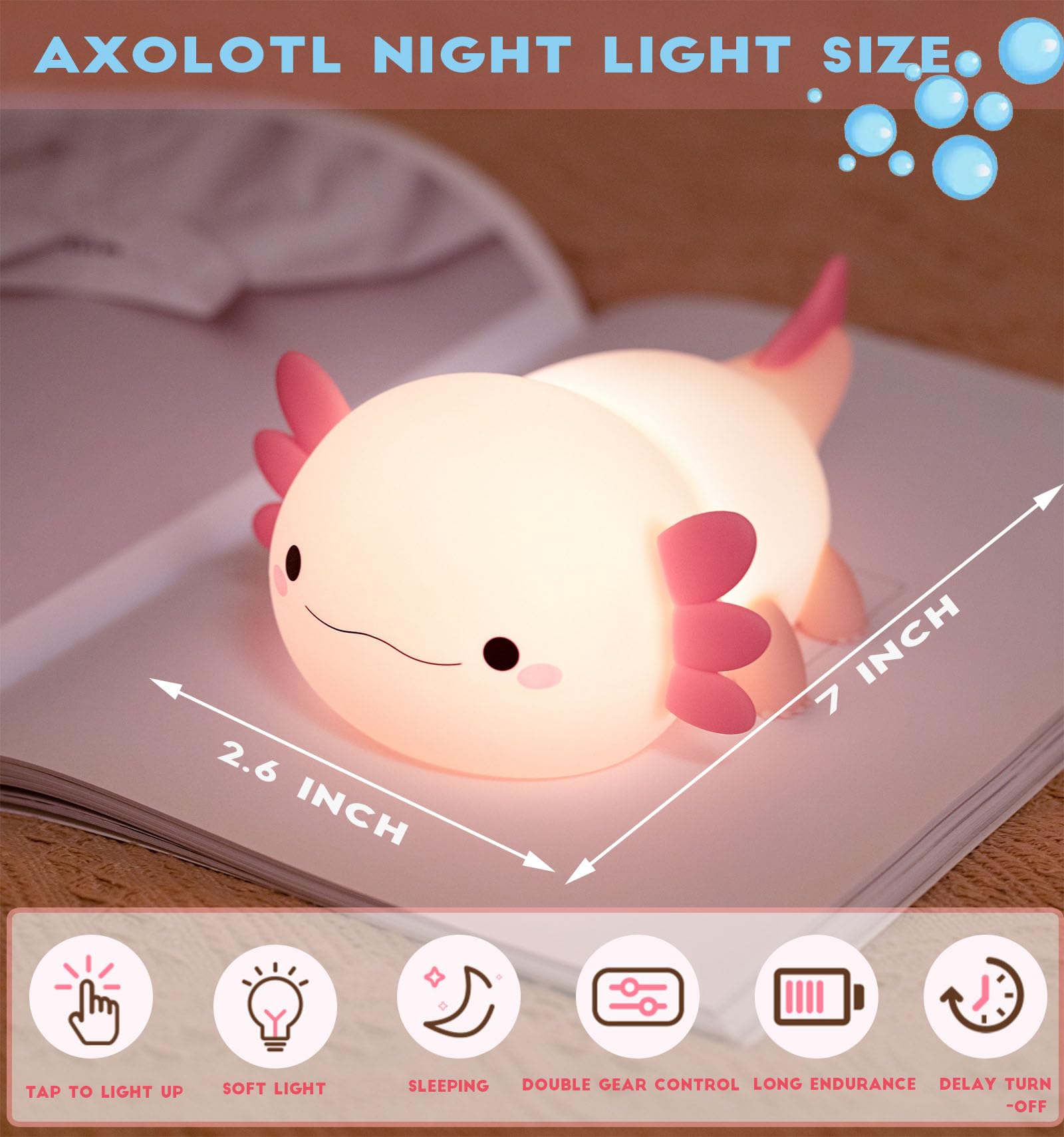 Axolotl Night Light for Kids,Cute Axolotl lamp Gifts Rechargeable Axolotl light Table Lamp Bedside Lamp,LED Animal Silicone Nursery Night Lamp Cute Room Decor Night Light for Kids Girls Boys