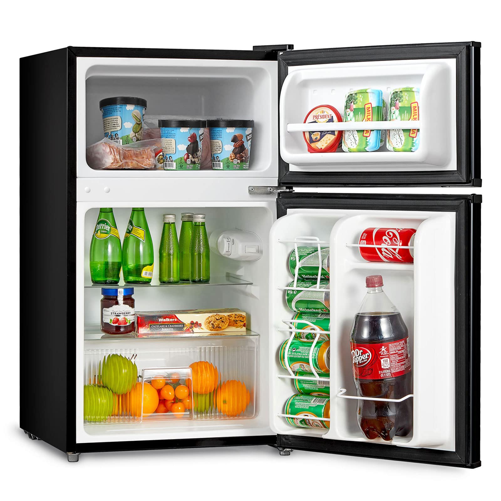 Midea WHD-113FB1 Double Door Mini Fridge with Freezer for Bedroom Office or Dorm with Adjustable Remove Glass Shelves Compact Refrigerator, 3.1 cu ft, Black