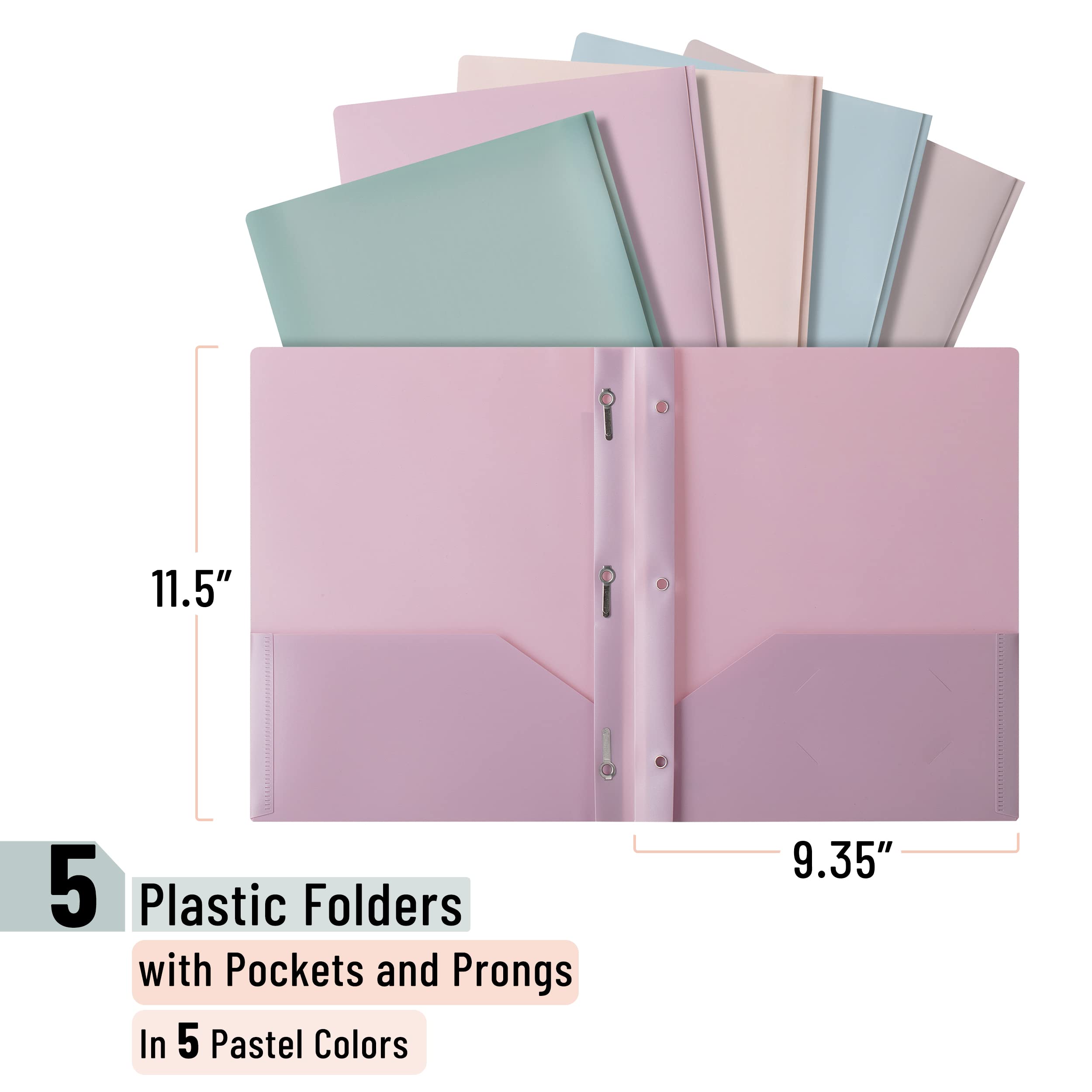 Mr. Pen- Plastic Folders with Pockets and Prong, 5 Pack, Muted Pastel Colors, Pocket Folders, File Fasteners, 2 Folder, Two