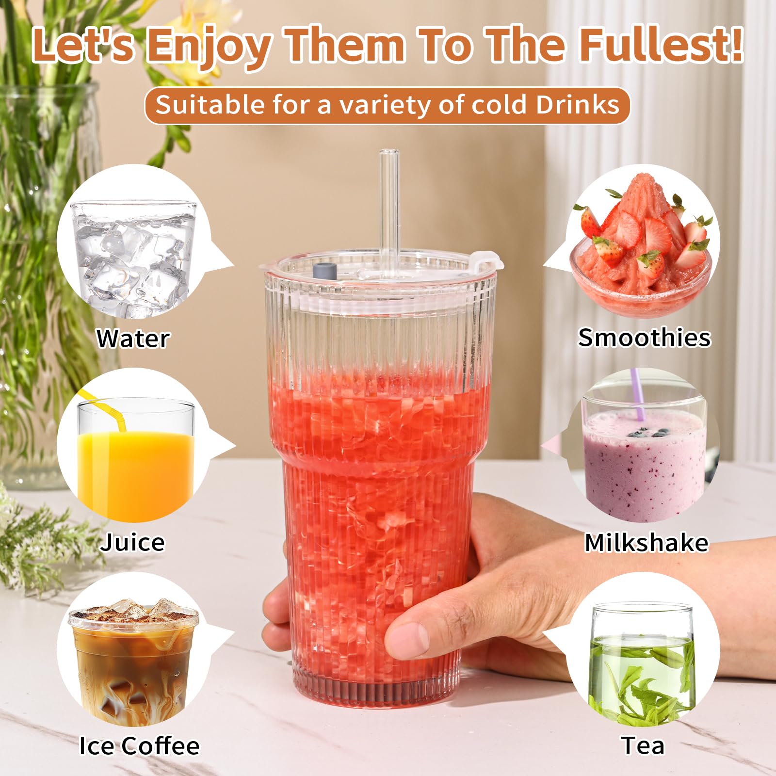 AUFXKOO 20oz Ribbed Glass Cups with Lids and Straws,2PCS Glass Tumbler with Straw and Lid,Drinking Glasses for Iced Coffee Cups,Juice,Smoothies