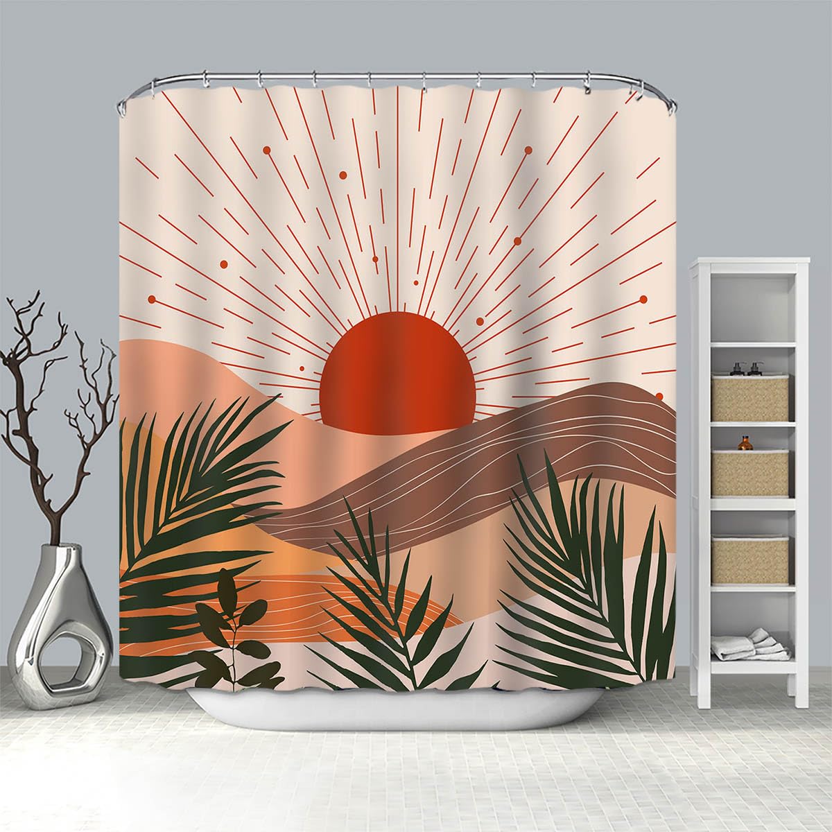 Mocsicka Boho Sun Mountain Shower Curtain Mid Century Abstract Minimalist Shower Curtain Set 72x72 Inches Vintage Aesthetic Art Waterproof Polyester Fabric Shower Curtain Set with 12 Hooks