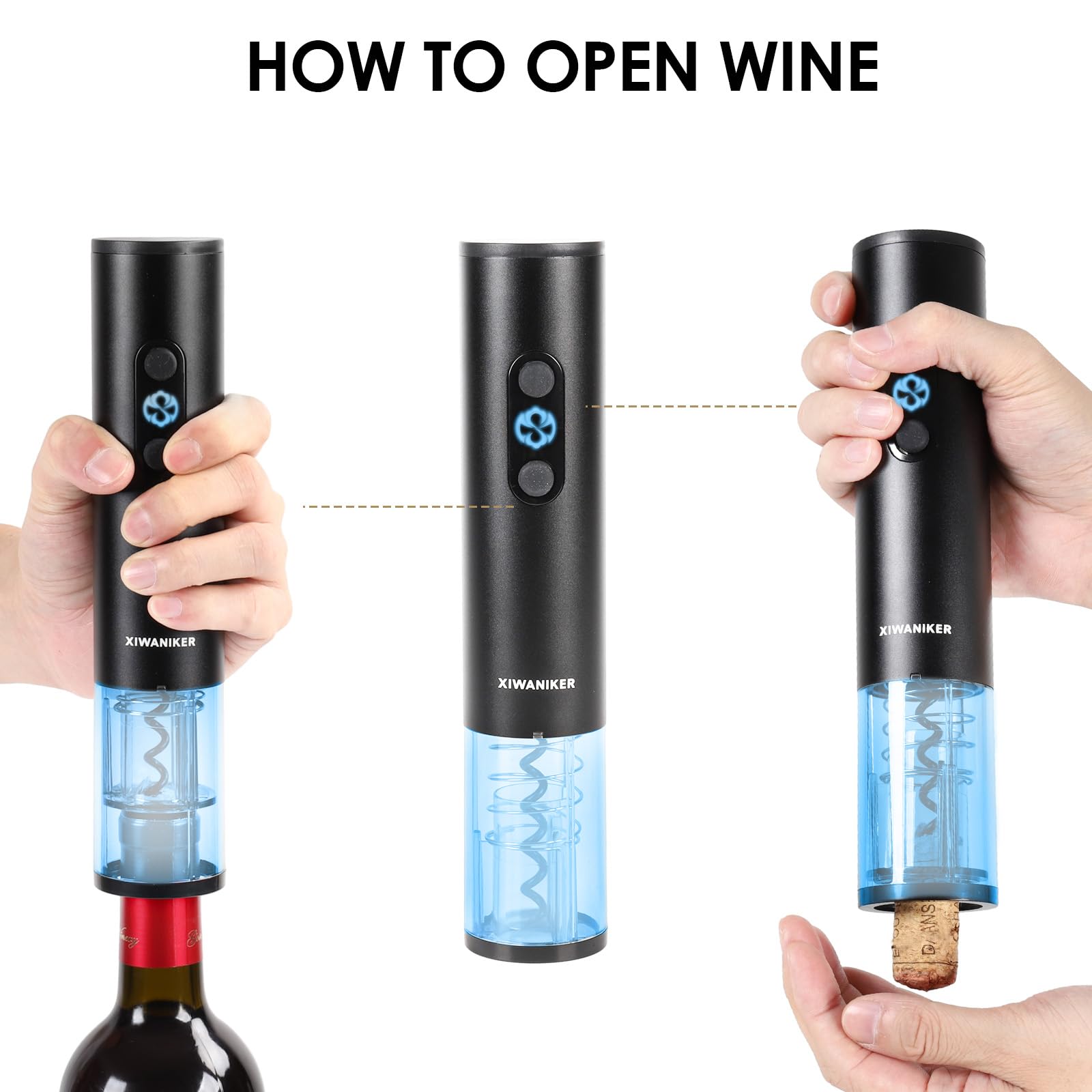 XIWANIKER Electric Wine Opener Set, Cordless Battery Operated Corkscrew, Storage Base, Foil Cutter, Pourer, 2pcs Vacuum Stoppers