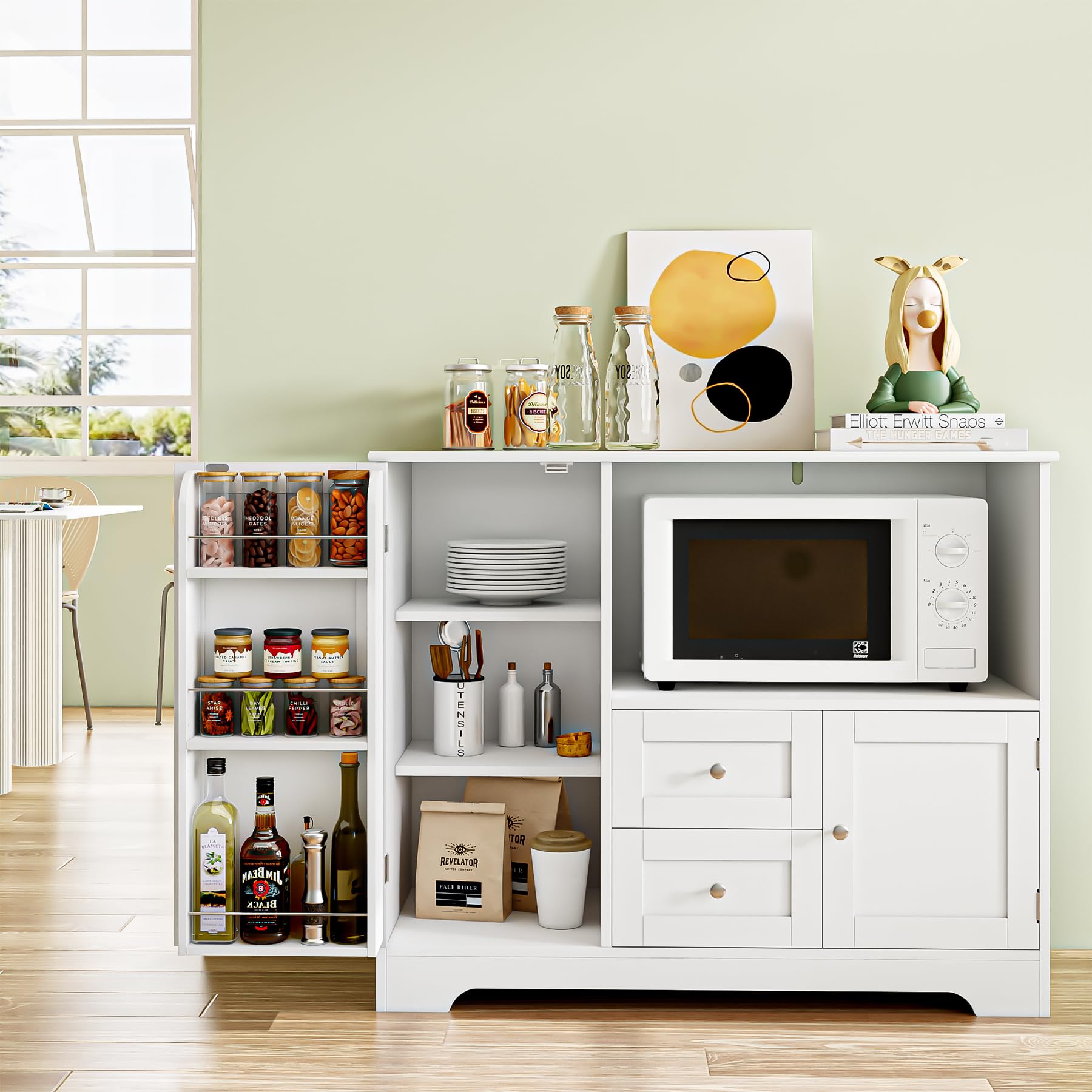 BOTLOG Buffet Cabinet with Microwave Stand, Kitchen Storage Cabinet with Door Shelf, Drawers and Adjustable Shelf, Kitchen Sideboard Cabinet with Storage Cabinet White Painted