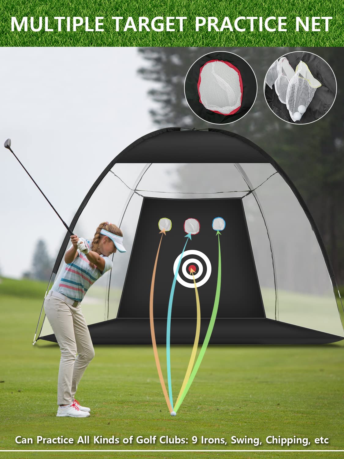 Golf Practice Net - 10x7ft Hitting Aid with Targets / 1 Mat / 5 Balls / 1 Tee / Bag - Men's Indoor/Outdoor Swing Trainer