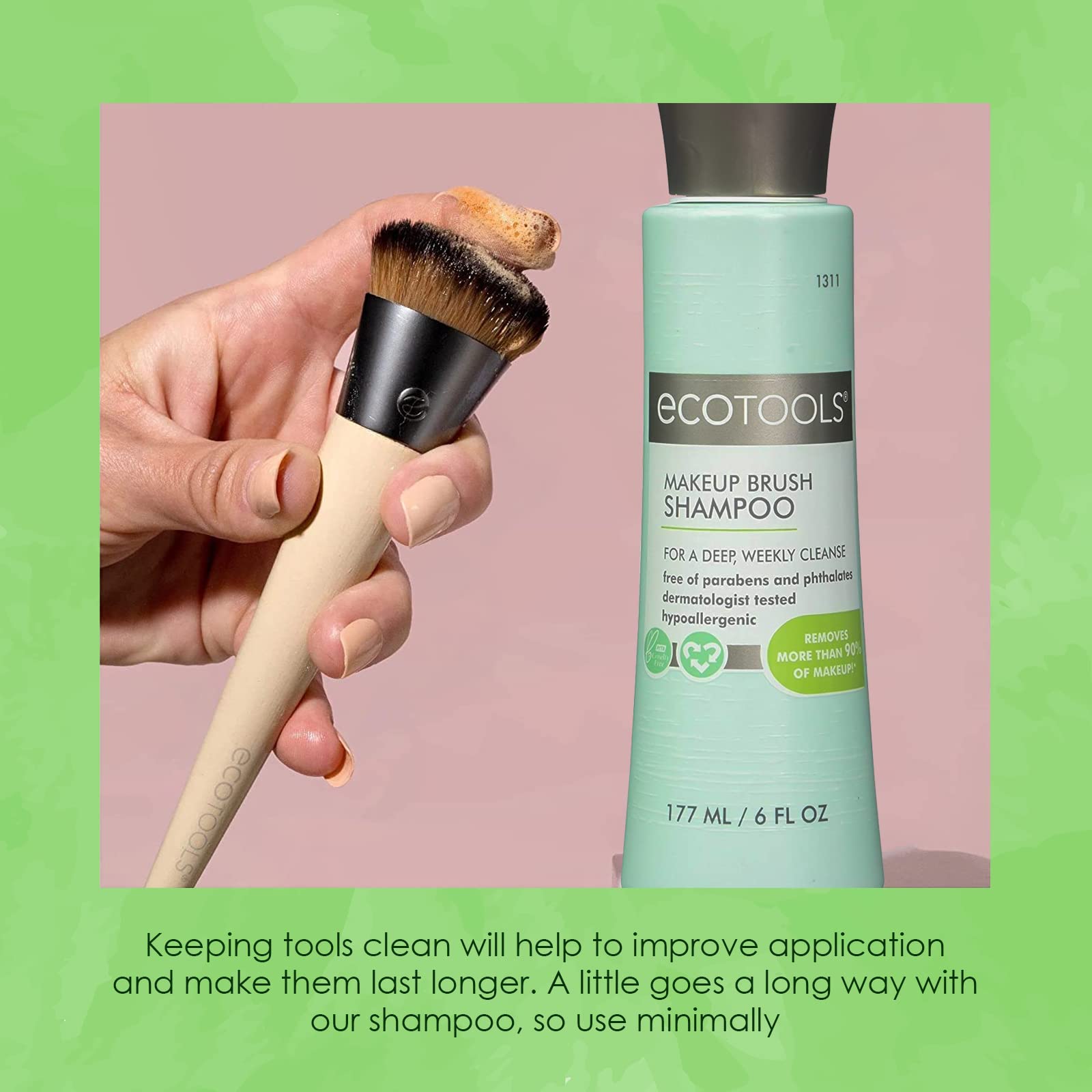 Ecotools Cruelty Free and Eco Friendly Makeup Brush Cleansing Shampoo, 6 Ounce; Wash Away Surface Makeup, Oil, and Impurities from Brushes (Pack of 2)