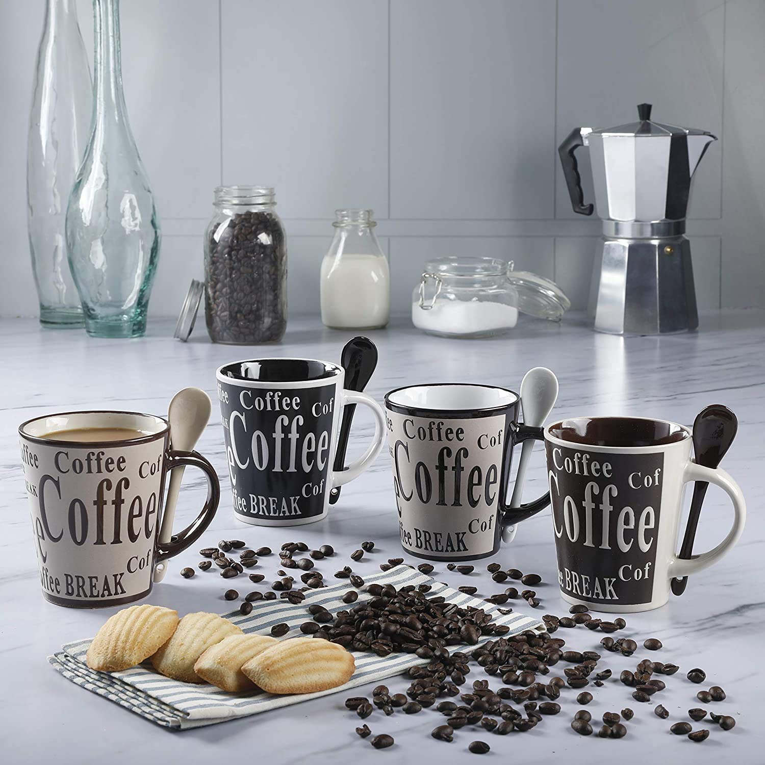 Mr. Coffee Bareggio Mug and Spoon Set, Café Americano, 8-Piece Mug and Spoon Set (14oz)