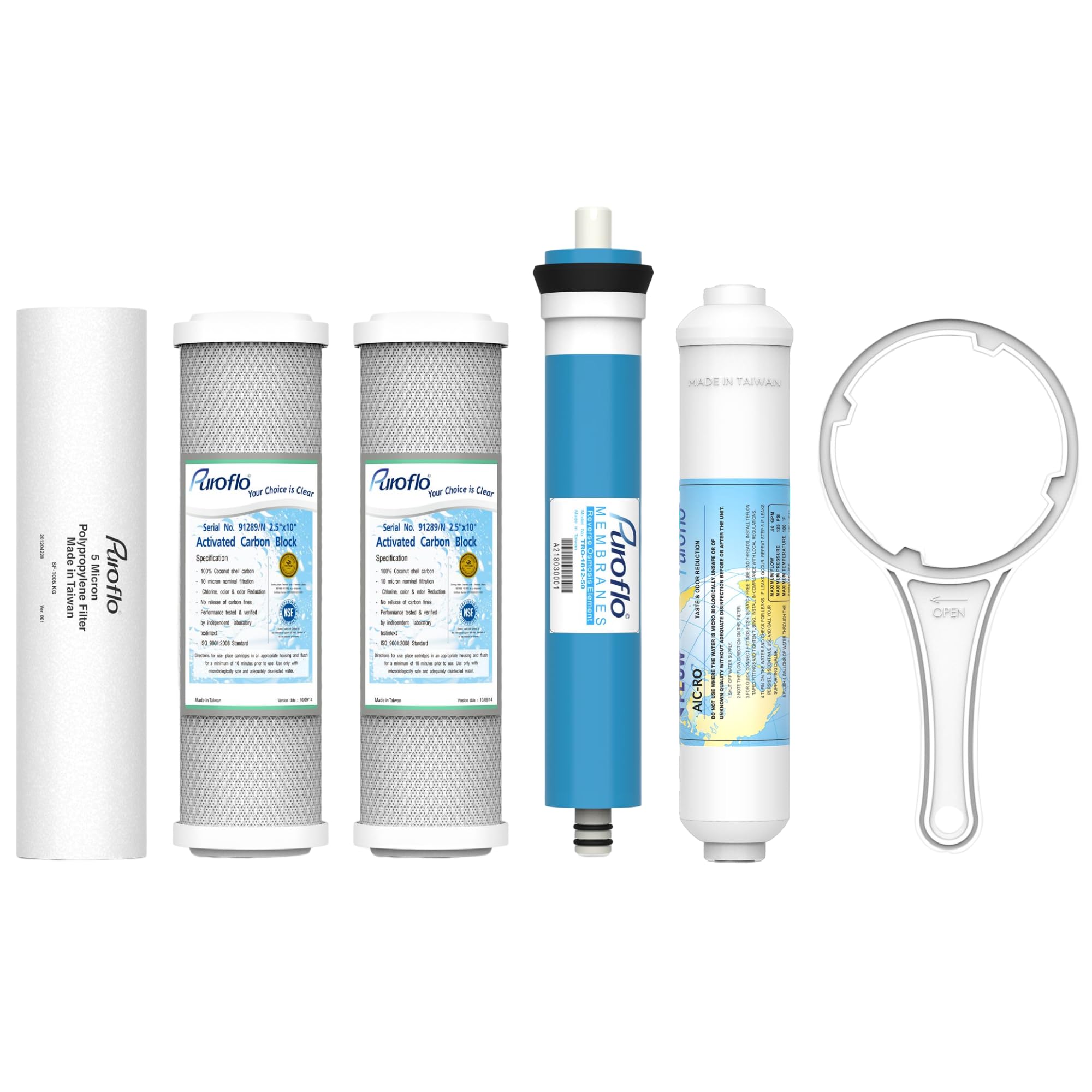 Puroflo ERO 5 pc Reverse Osmosis Filters 1 Year Set, 5 Stage Reverse Osmosis Water Filter, Under Sink RO Water Filter System Kit Compatible with Most 10" Water Filtration System w/Water Filter Wrench