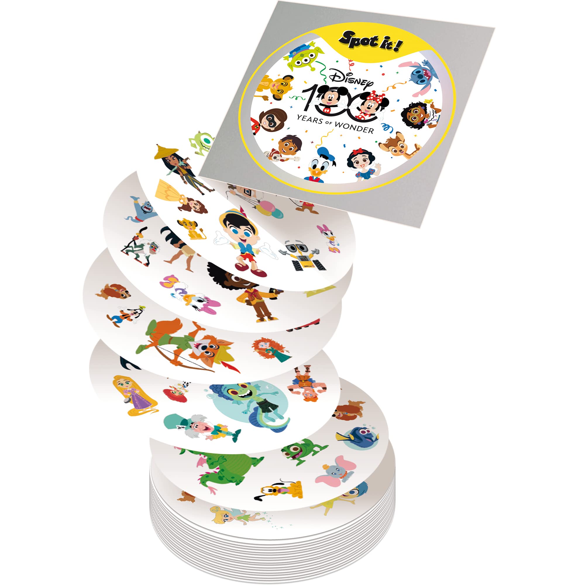 Spot It! Disney 100th Anniversary - Celebrate Disney & Pixar Characters in a Classic Observation Game! Fun Matching Game for Kids & Adults, Ages 6+, 2-8 Players, 15 Minute Playtime, Made by Zygomatic