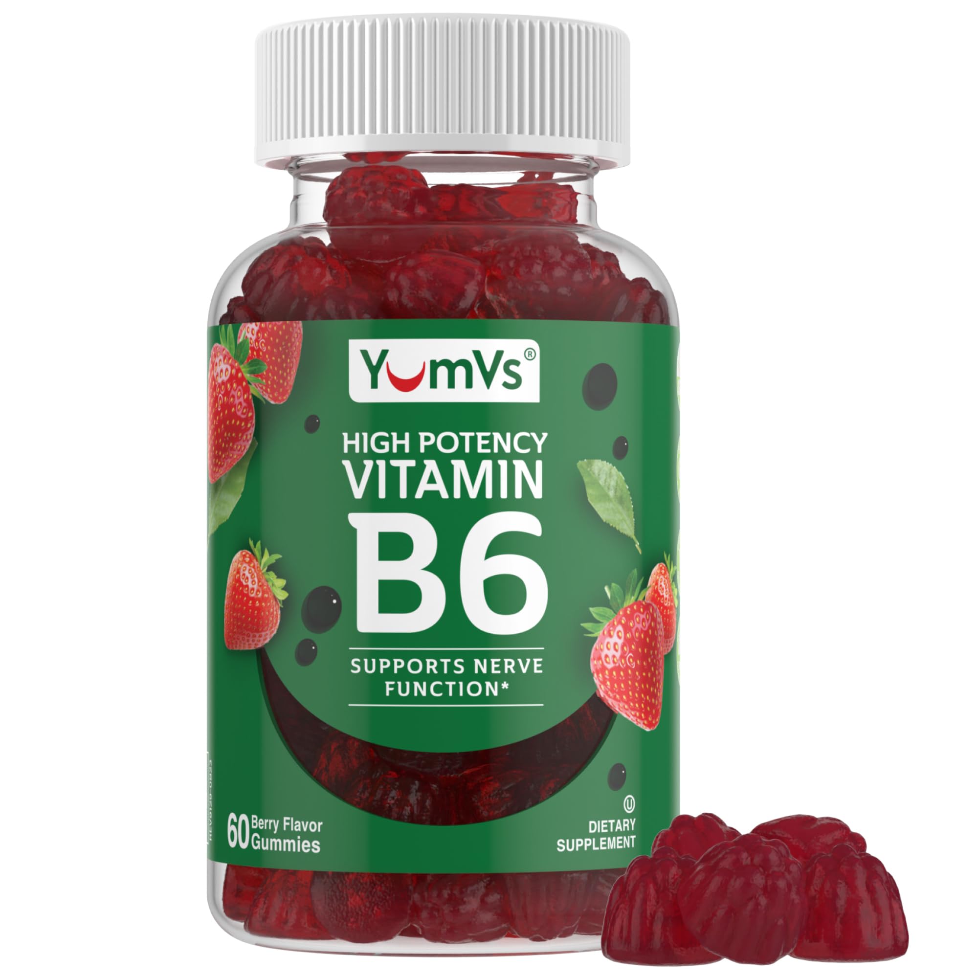 YUM-V'S Vitamin B6 Gummies - High Potency Vitamin B6 100mg - Strawberry Flavor B6 Vitamins Gummies - Nerve & Immune Function, Non GMO Kosher, 60 Count