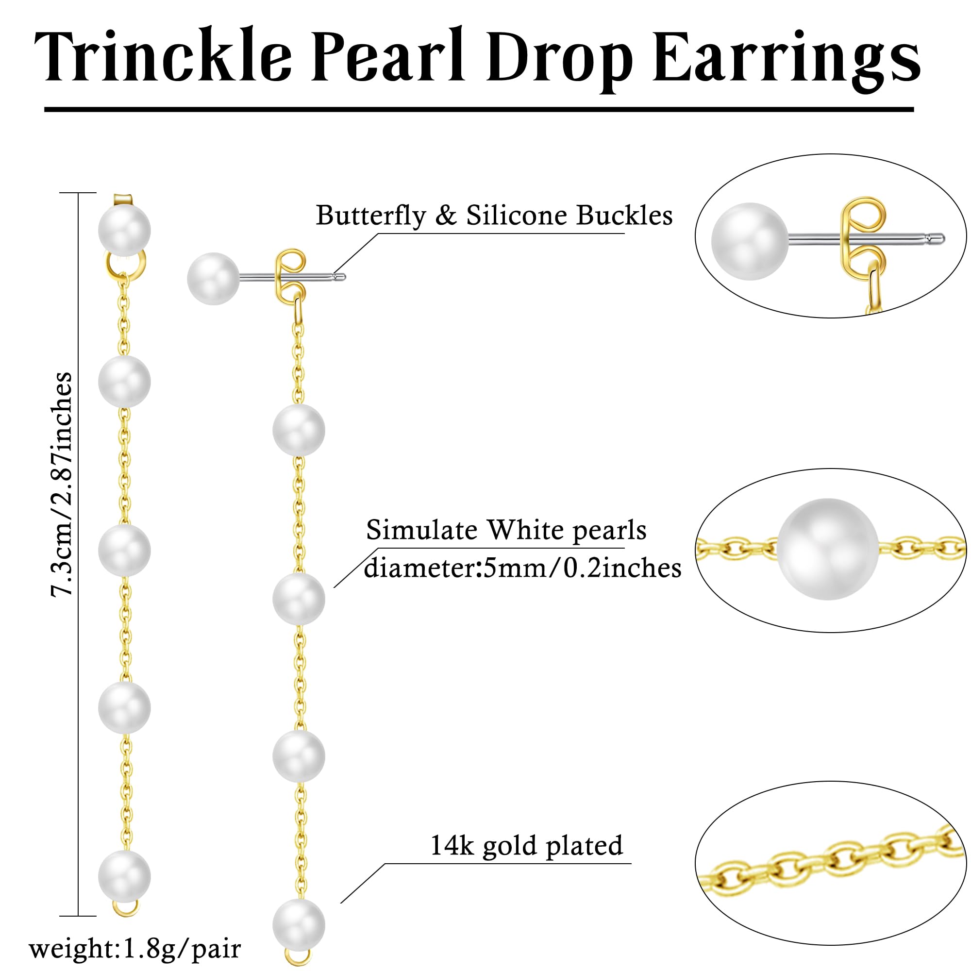 Trinckle Pearl Earrings for Women, 14k Gold Pearl Drop Dangle Earrings White Adjustable Dainty Boho Pearl Tassel Earrings Statement Wedding Bridal Earrings as Girls Party Birthday Gifts Summer Jewelry