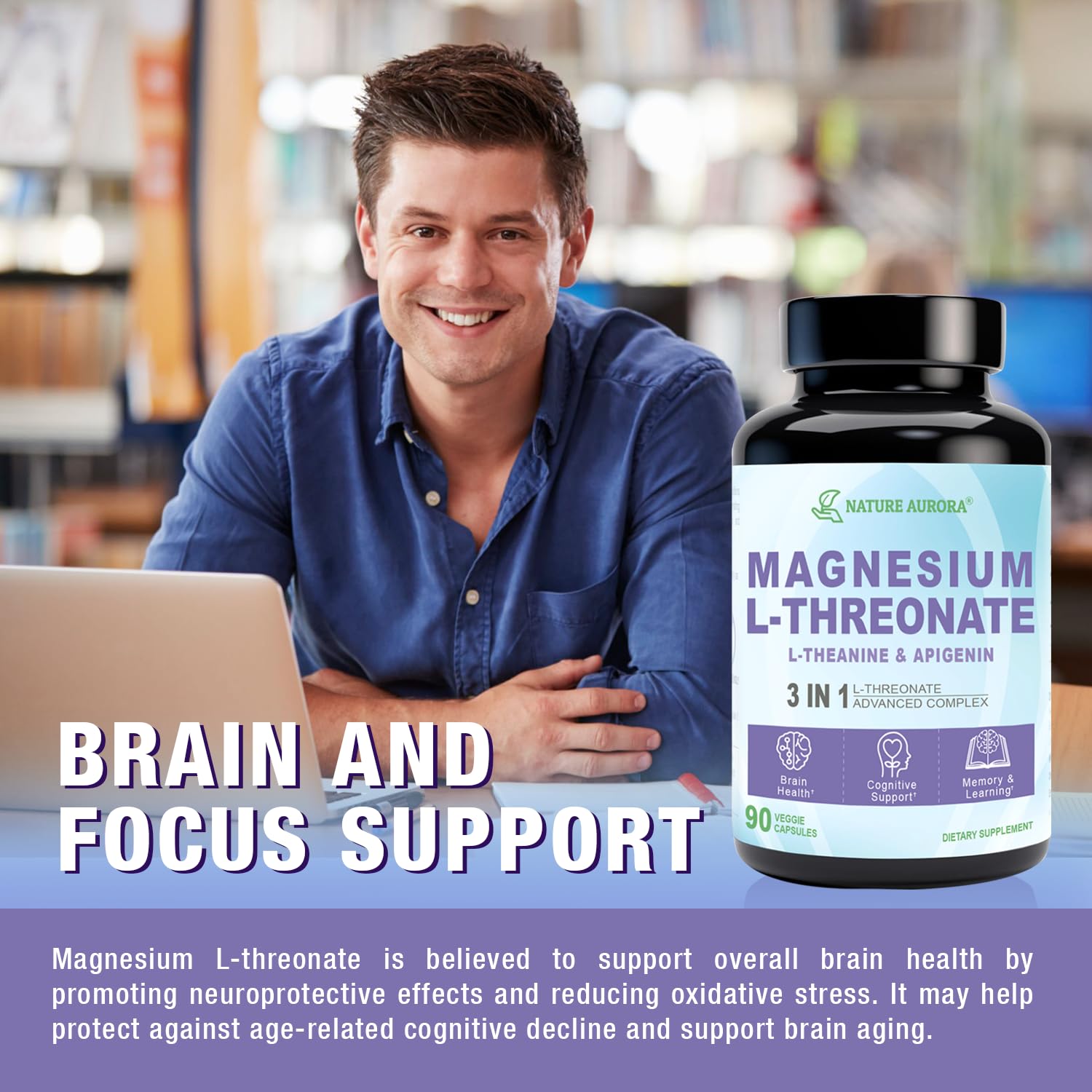 Magnesium L-Threonate Complex Supplement with Apigenin and L-theanine, High Absorption Magnesium Threonate for Sleep Aid, Brain Health and Cognitive Function, Gluten Free, Non-GMO, 90 Capsules