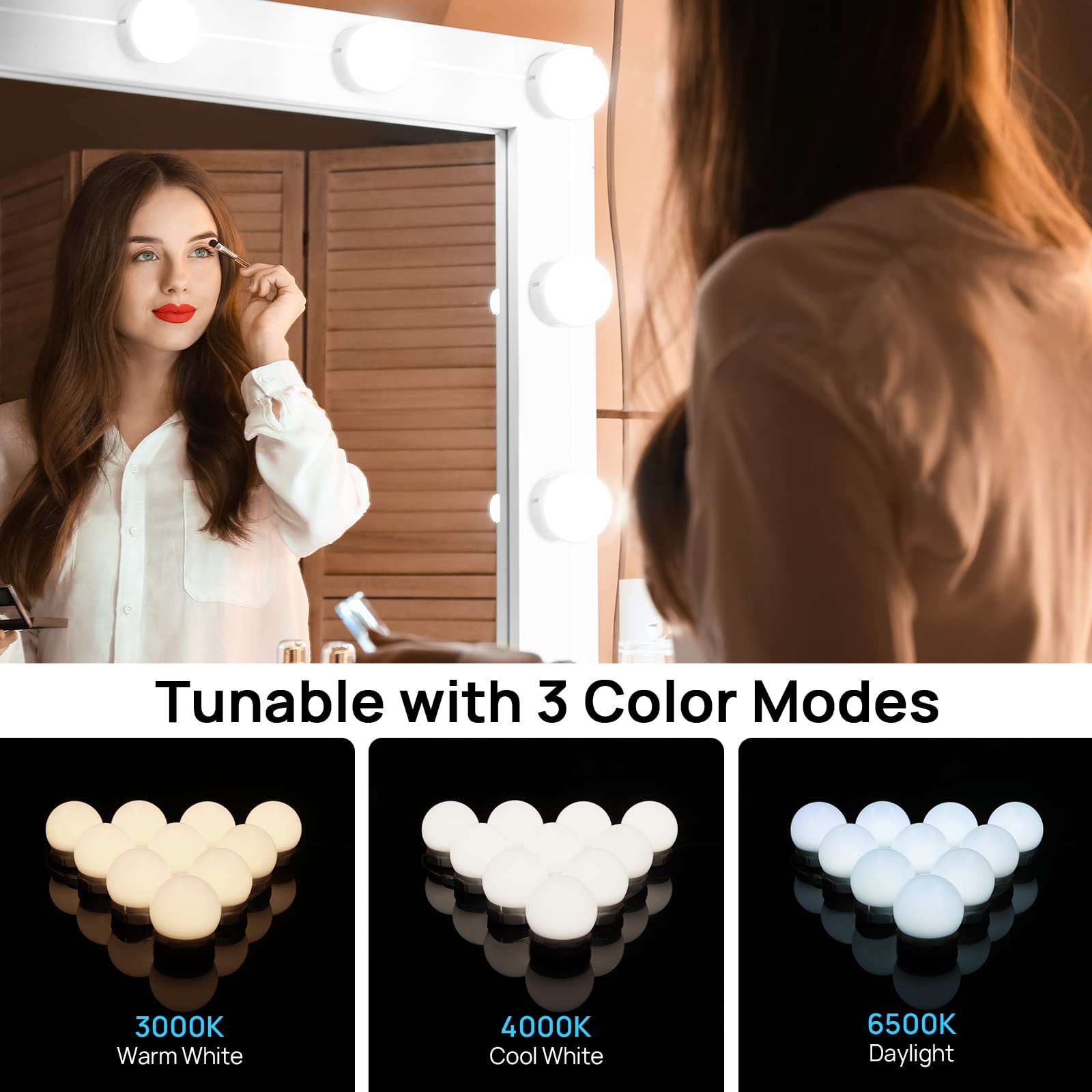 Consciot LED Vanity Lights For Mirror, Hollywood Style Vanity Lights With 10 Dimmable Bulbs, Adjustable Color & Brightness, USB Cable, Mirror Lights Stick on for Makeup Table Dressing Room, White