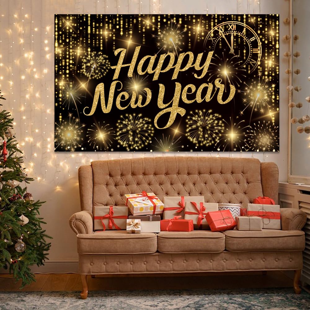 IMISHM 2025 New Years Decorations Black Gold New Years Banner with Firework Pattern New Years Eve Party Decorations New Years Backdrop for New Years Party Decorations