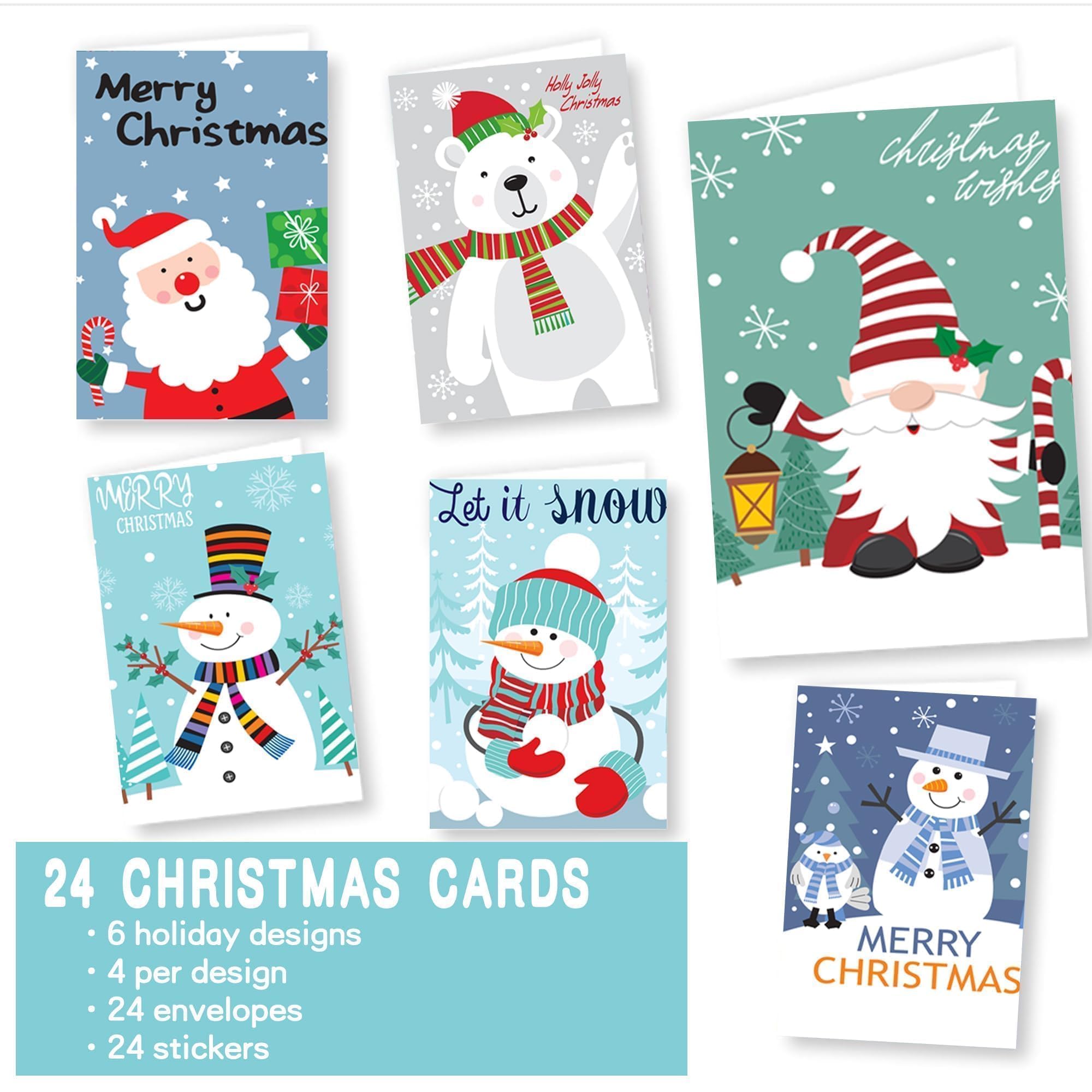 windrio 24 Pack Merry Christmas Cards Bulk with Envelopes & Stickers, Blank Holiday Greeting Cards, 6 Assorted Designs, Bulk Greeting and New Year's Cards Gnome, Snowman, Santa, and Bear