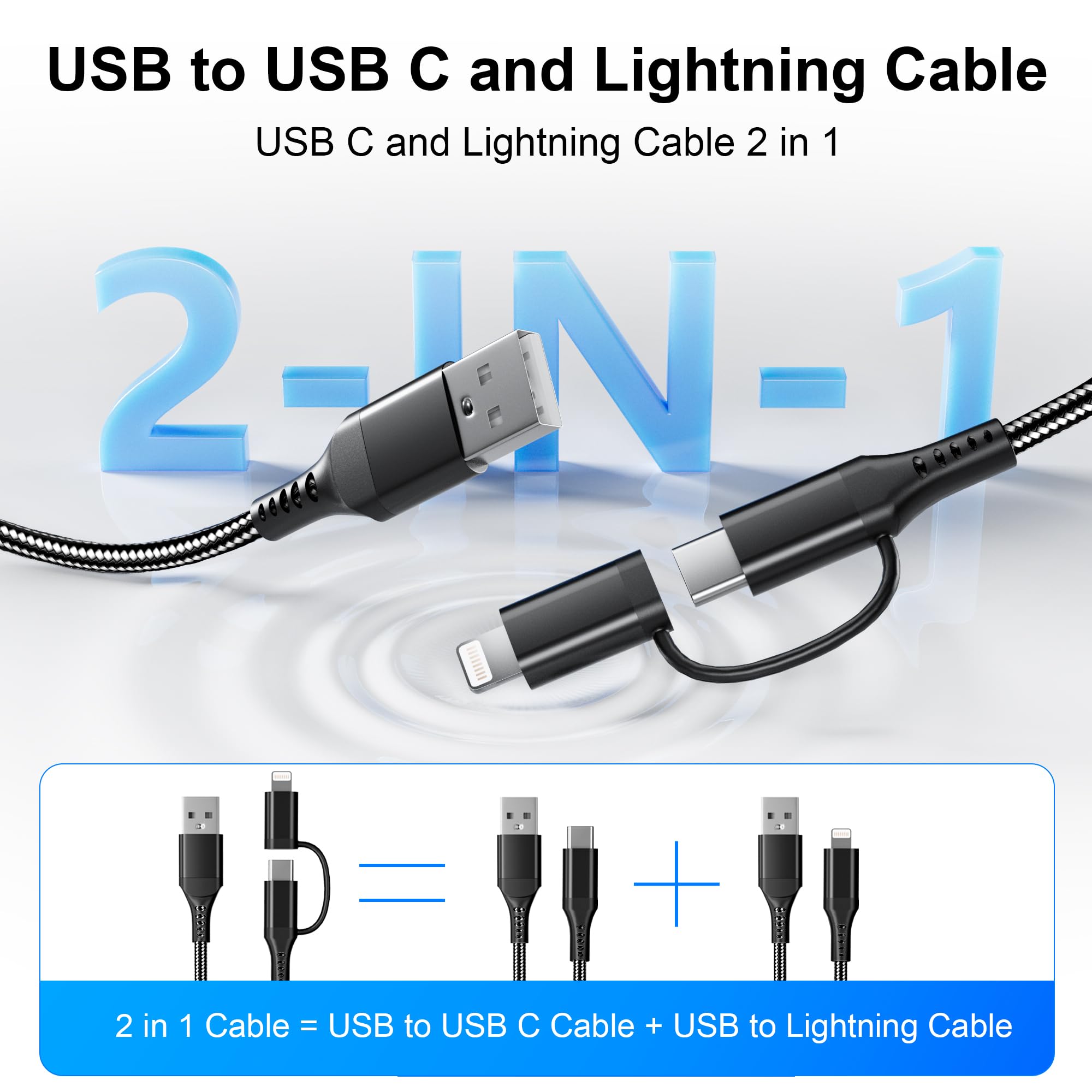 USB to USB C and Lightning Cable 6FT, Nylon Braided iPhone Charging Cable USB C and Lightning Cable 2 in 1 Carplay Cord, for iPhone 15 14 13 12 11 Pro Max Plus 8 X XS XR and Android Phone