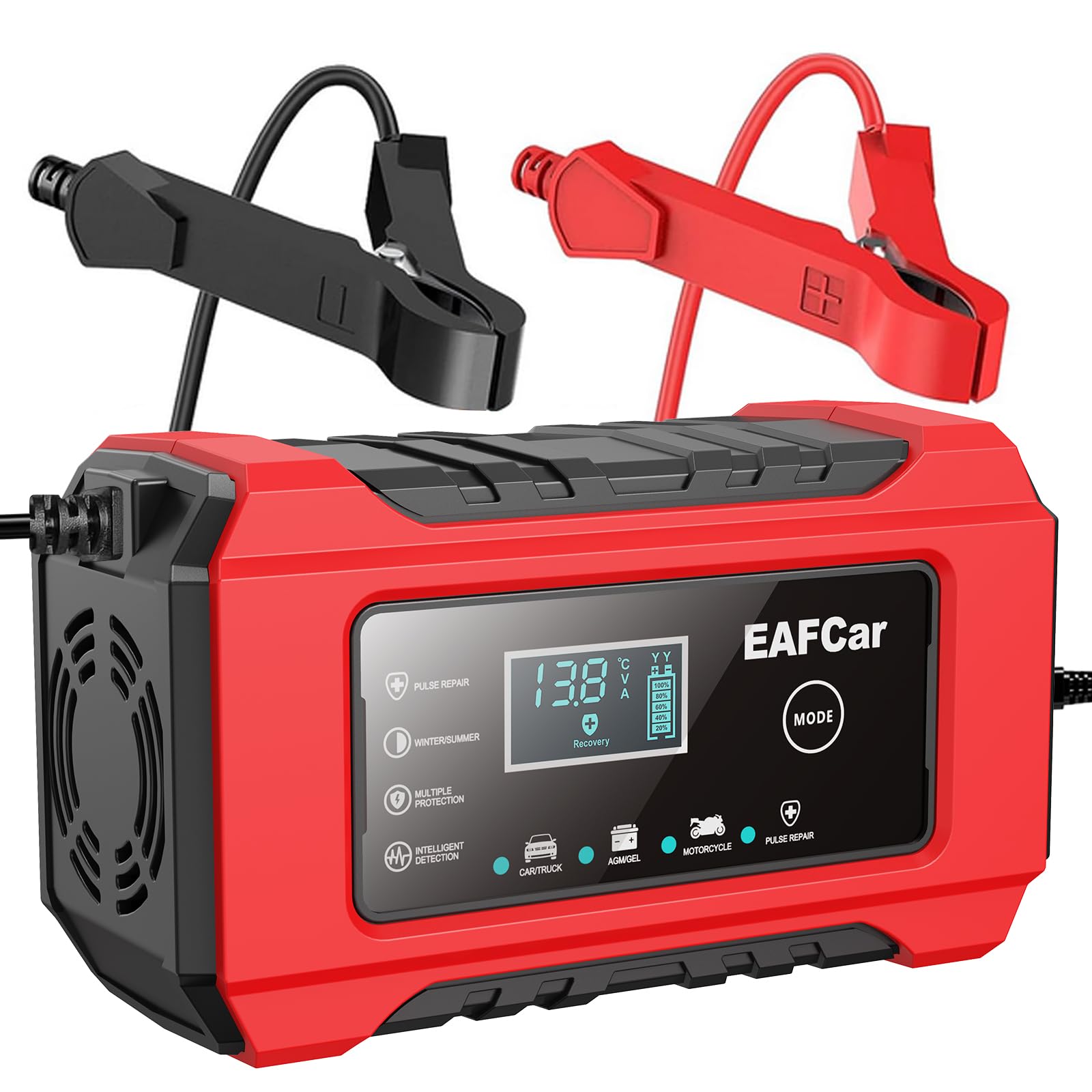 EAFCar 12V 6A Car Battery Charger, Trickle Charger and Maintainer, Smart Fully Automatic Battery Charger w/Temperature Compensation for Lead Acid Battery Charging and Maintenance
