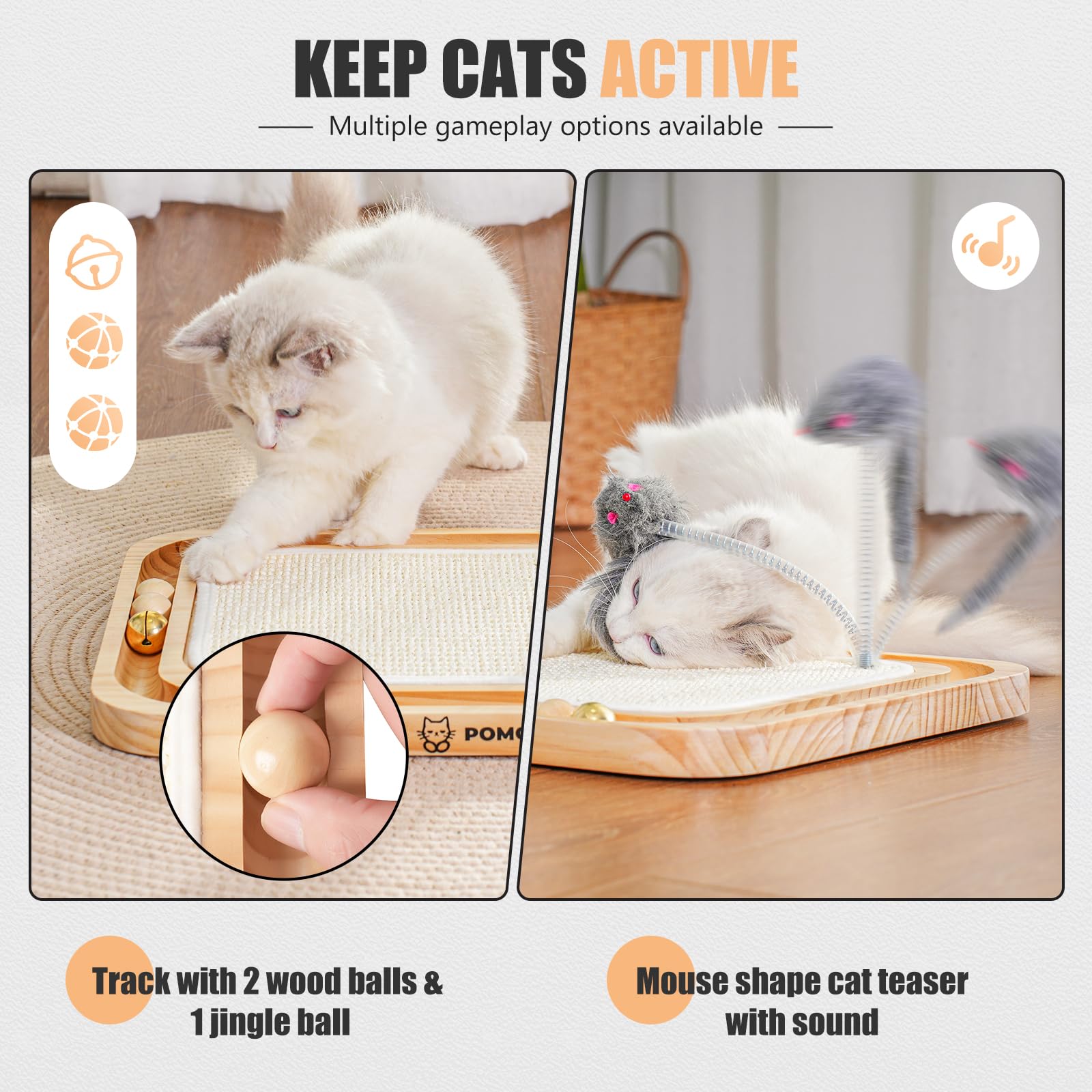 Cat Scratcher & Toys - Sisal Scratching Board with Track Ball Bells for Indoor Cats