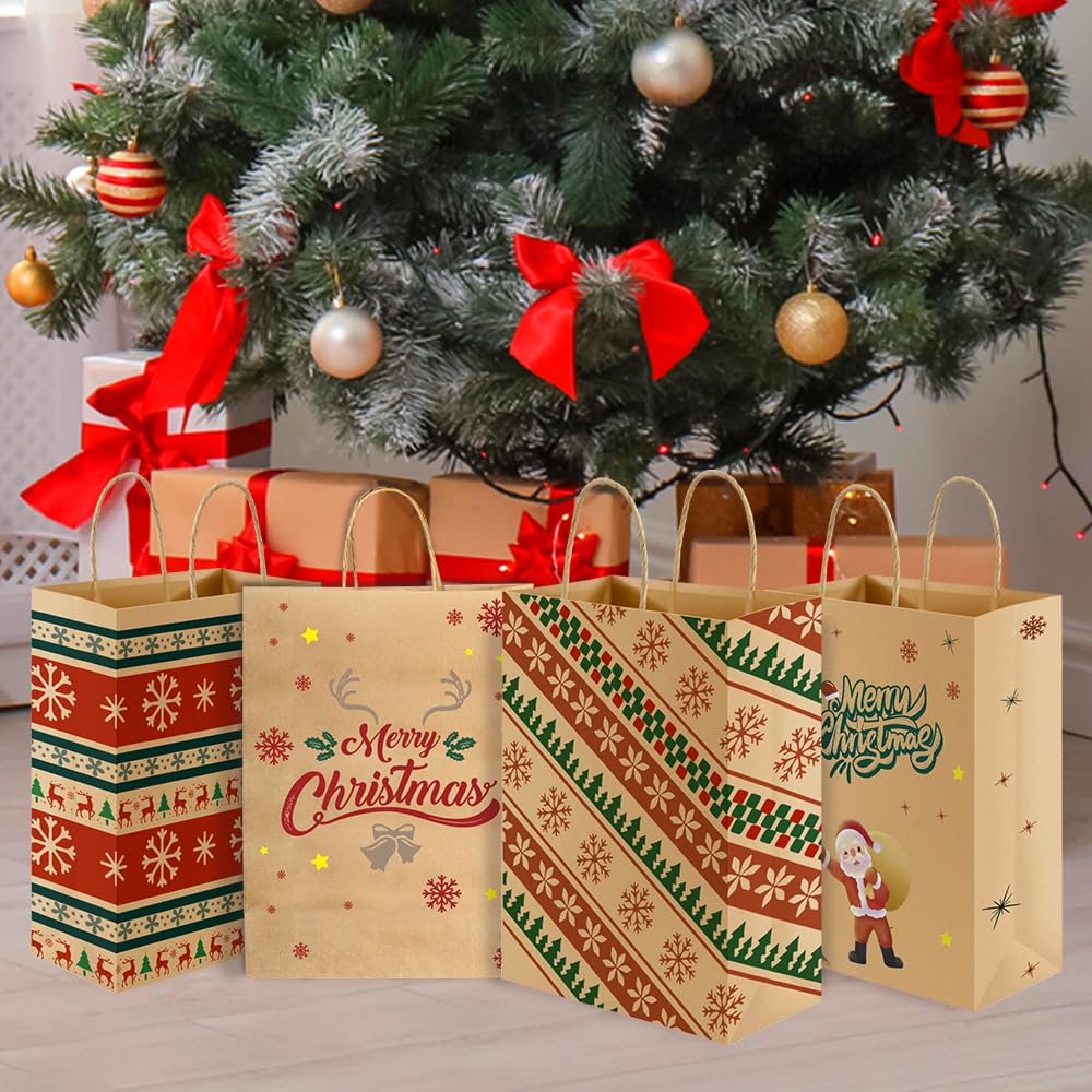 24 Pcs Christmas Gift Bags,Christmas Bags for Gifts,Holiday Xmas Gift Bags,Kraft Christmas Paper Bags Bulk,Small Gift Bags with Handles,Christmas Goody Bag,Christmas Party Favor Bags (5.9x3.14x8.26)