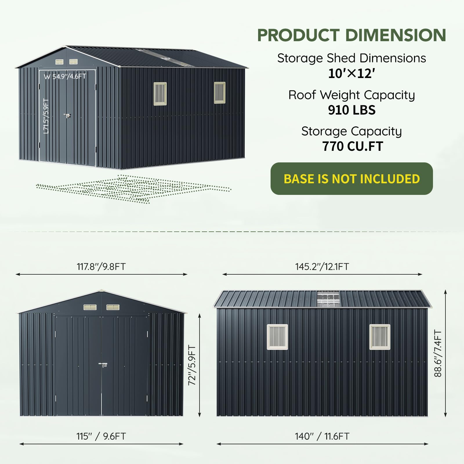 Grovellis 10x12 FT Outdoor Metal Storage Shed, Double Swing Doors, 2 Clear Windows, Replaceable Skylight Roof Panel, Tool Shed for Garden, Patio, Backyard