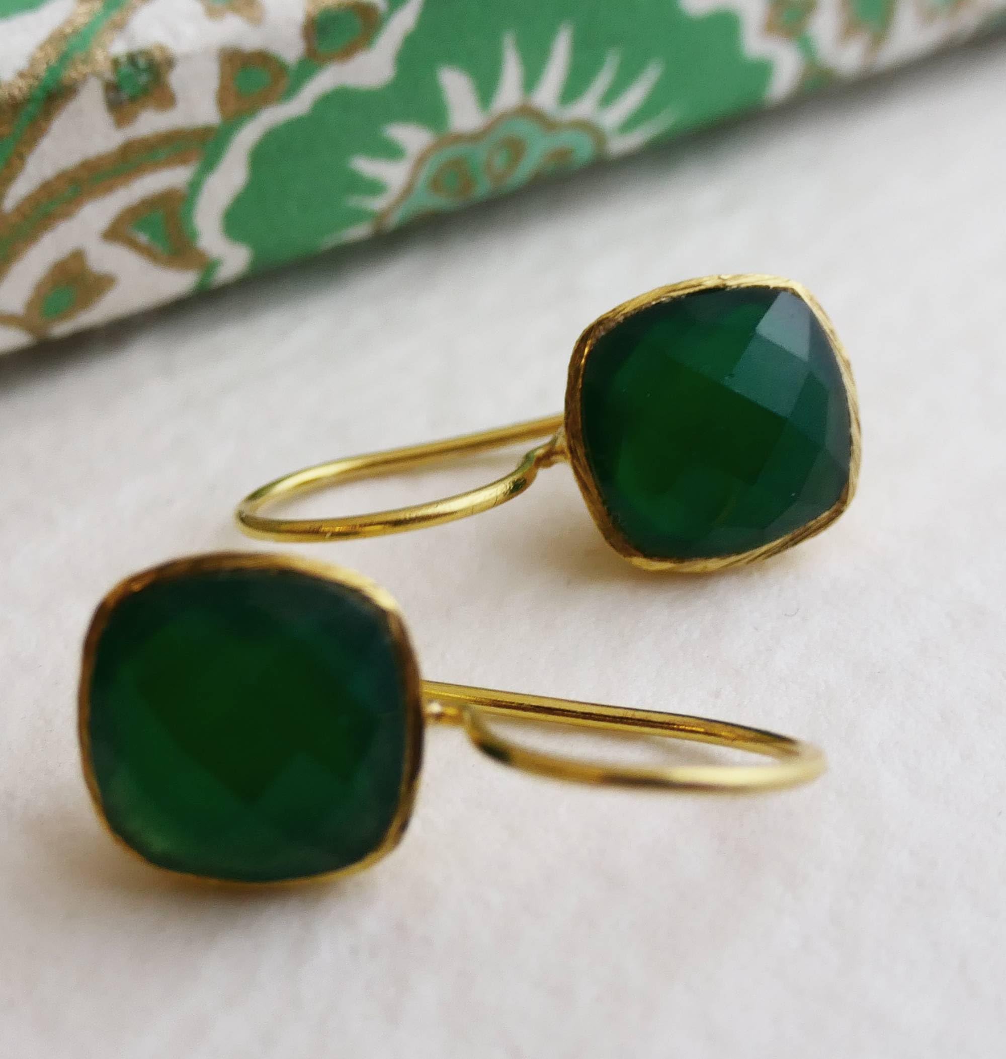 Cushion Cut Natural Green Onyx Gold Plated Sterling Silver Drop Dangle Earrings - Handmade Gemstone Jewelry Gift Ideas for Women (Green Onyx)