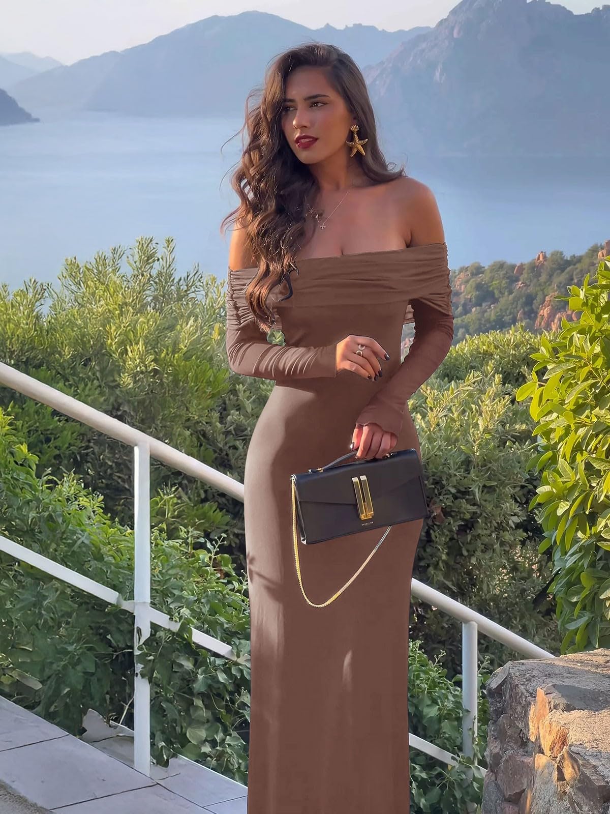 REORIA Women Long Sleeve Off Shoulder Formal Dress Elegant Stretch Mesh Double Lined Bodycon Long Party Wedding Guest Dresses Fall Winter 2024（Coffee Medium）