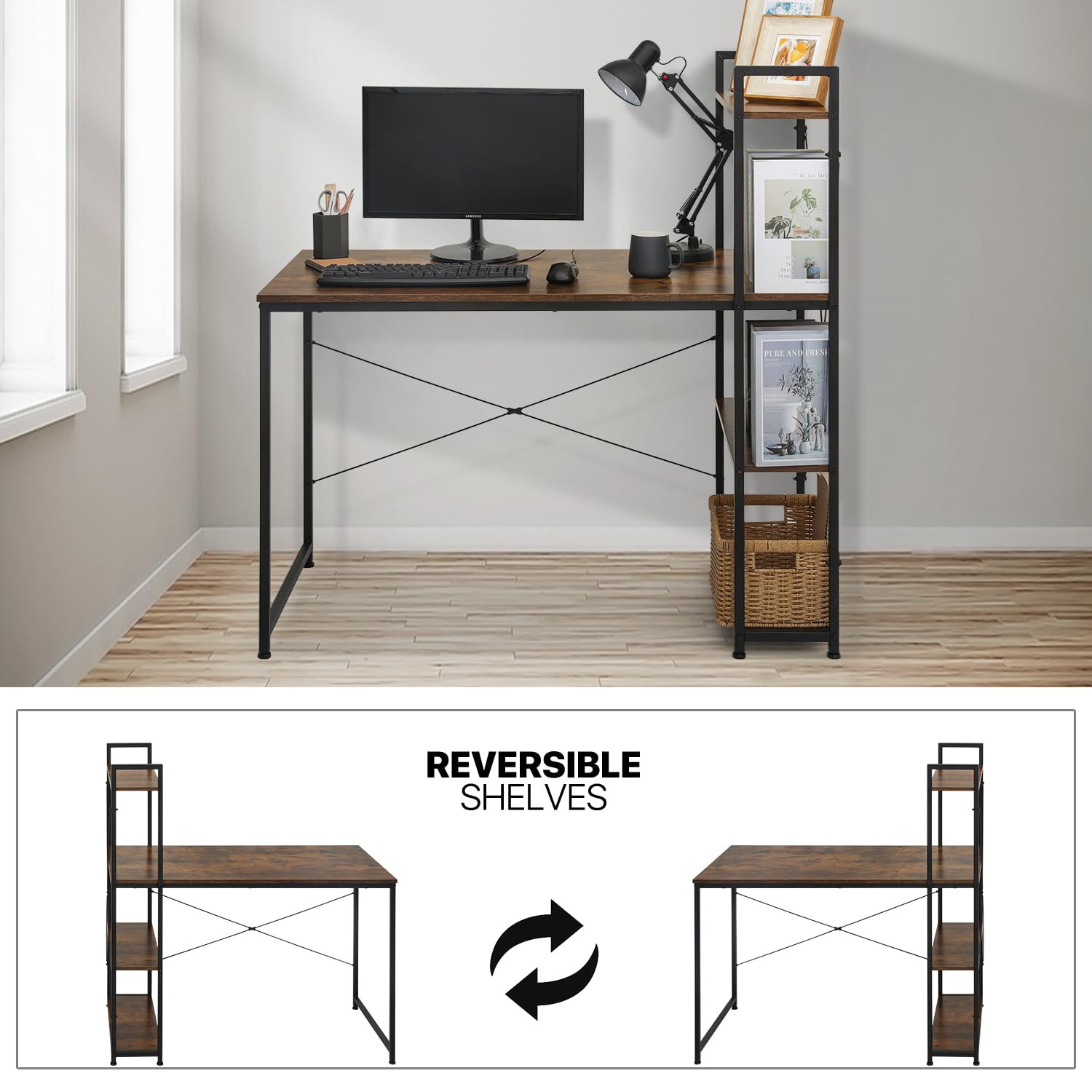 MoNiBloom Computer Desk with 4 Tier Storage Shelves, 47 Inches Home Office Study Writing Desks with Display Bookshelf, Rustic Brown