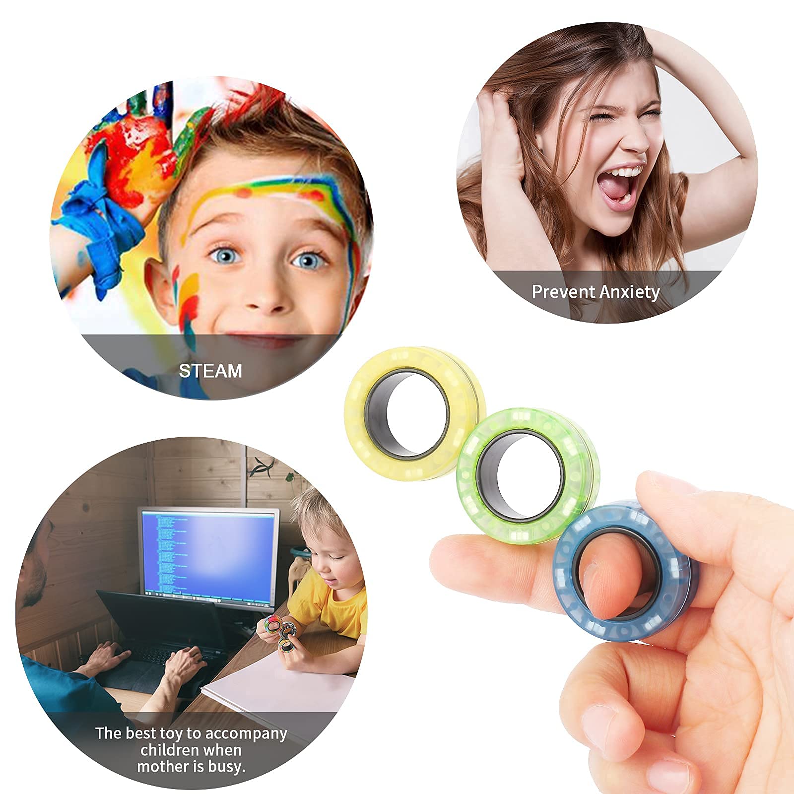 Magnetic Rings Fidget Toy Set, Idea ADHD Fidget Toys, Adult Fidget Magnets Spinner Rings for Anxiety Relief Autism Therapy, Fidget Pack Great Gift for Adults Teens Kids (G)