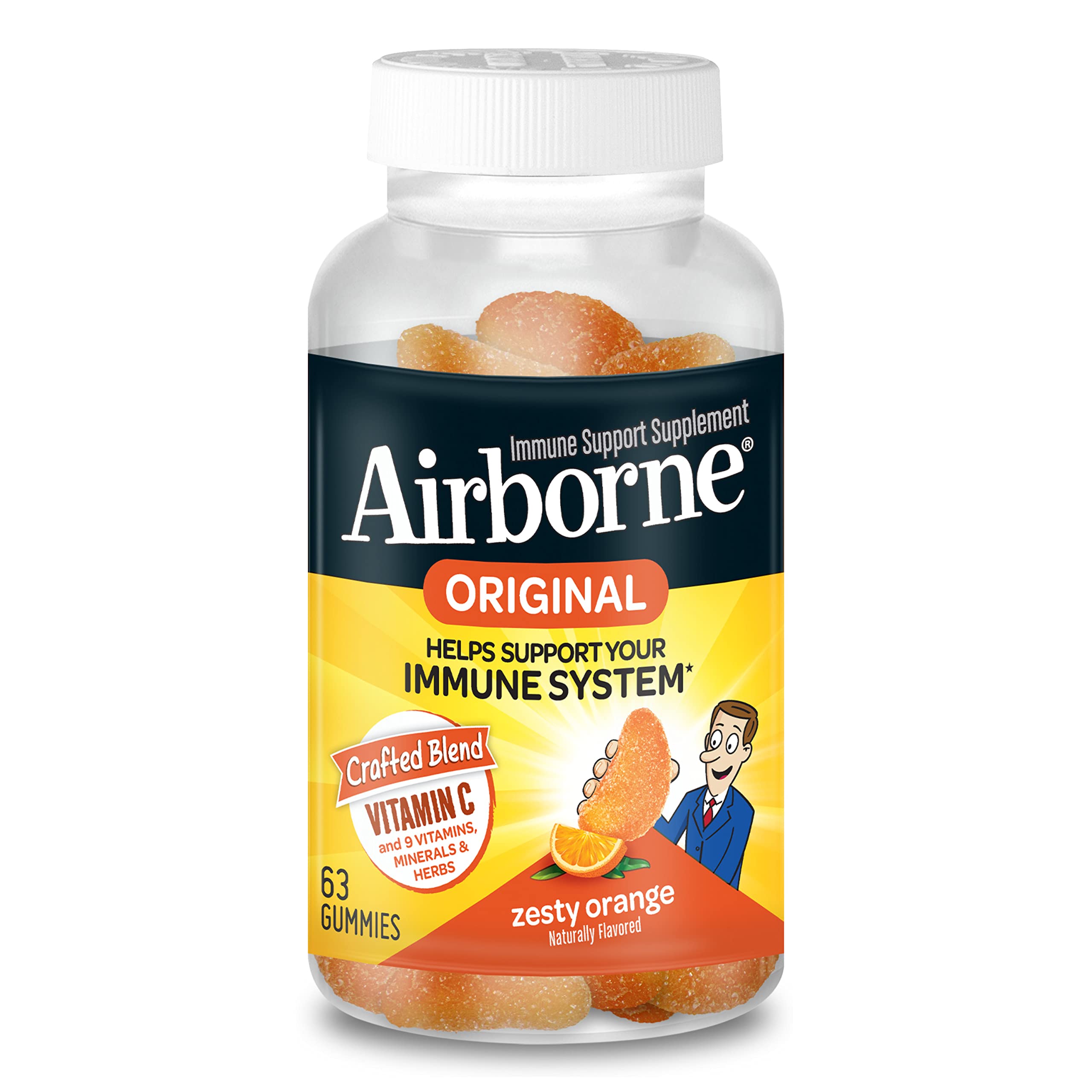 Airborne 750mg Vitamin C Gummies For Adults, Immune Support Supplement with Powerful Antioxidants Vitamins C & E - 63 Gummies, Zesty Orange Flavor