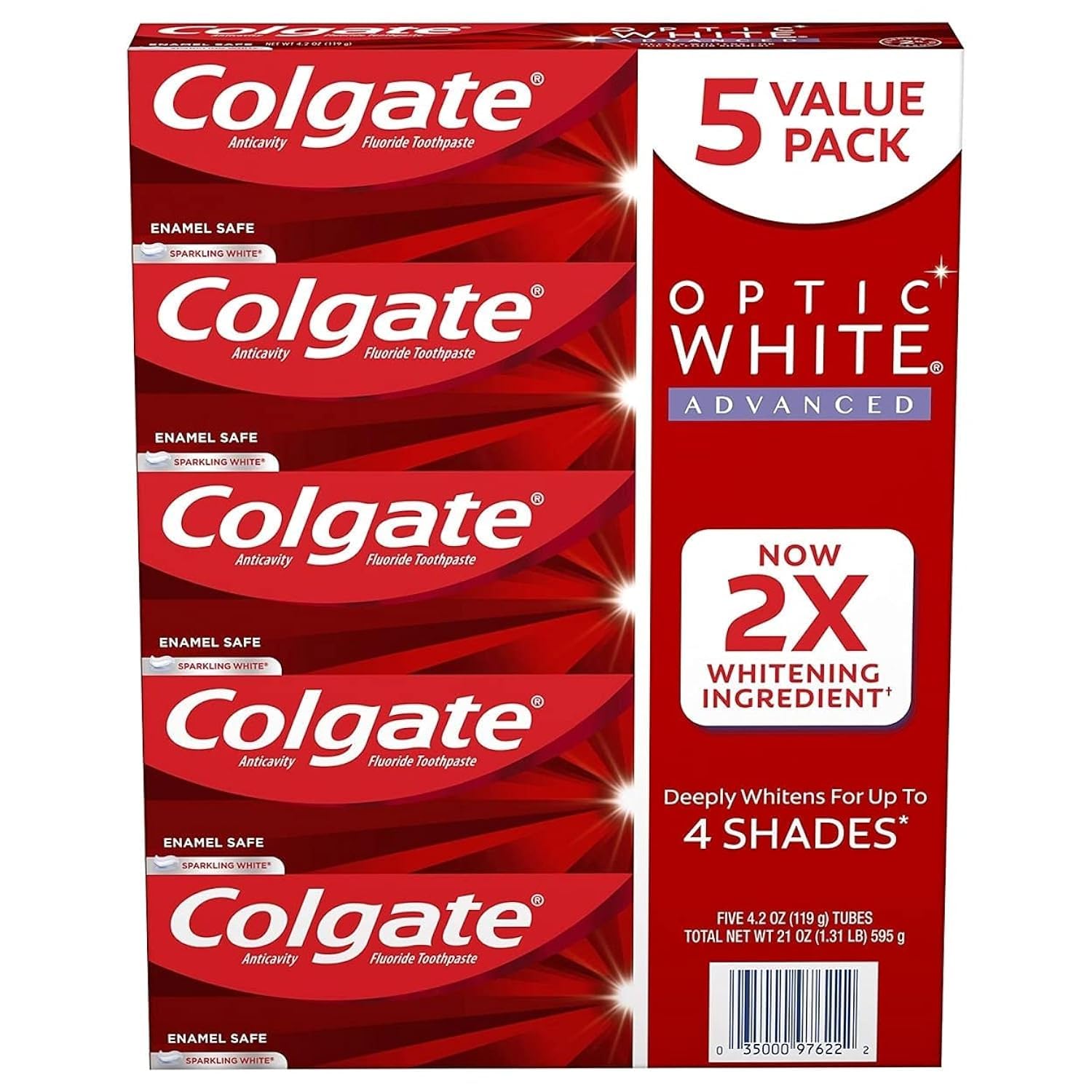 Colgate Optic White Advanced Teeth Whitening Toothpaste, Sparkling White (4.2 Oz., 5 Pk.), 21 Oz