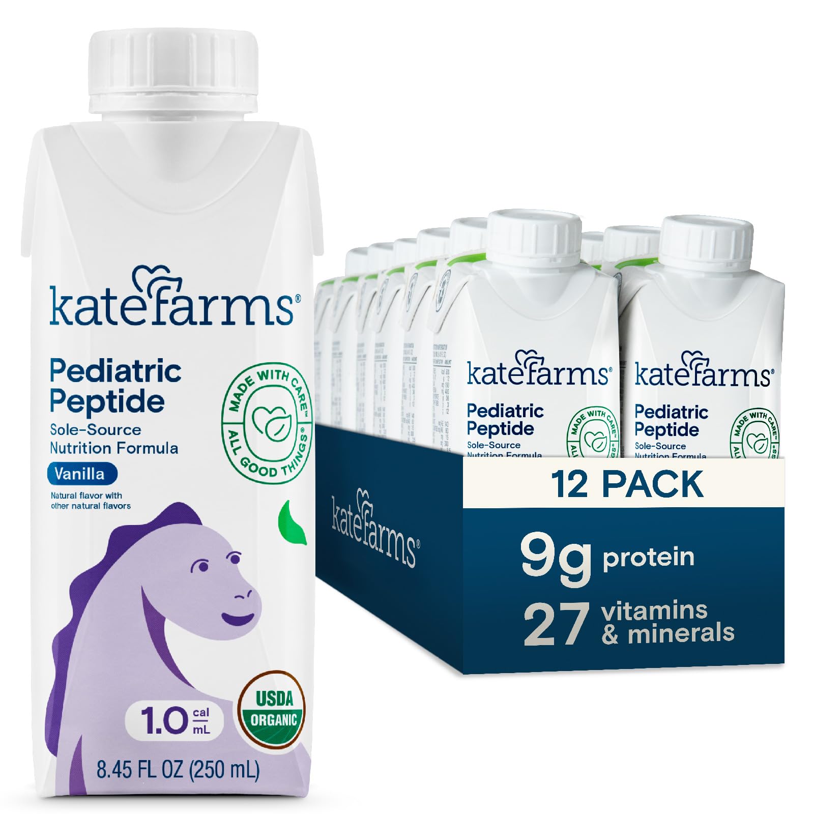 KATE FARMS Organic Pediatric Peptide 1.0 Formula, Vanilla, Sole-Source Hydrolyzed Plant-Based Nutrition for Oral or Tube Feeding, 8.45 oz (12 pack)