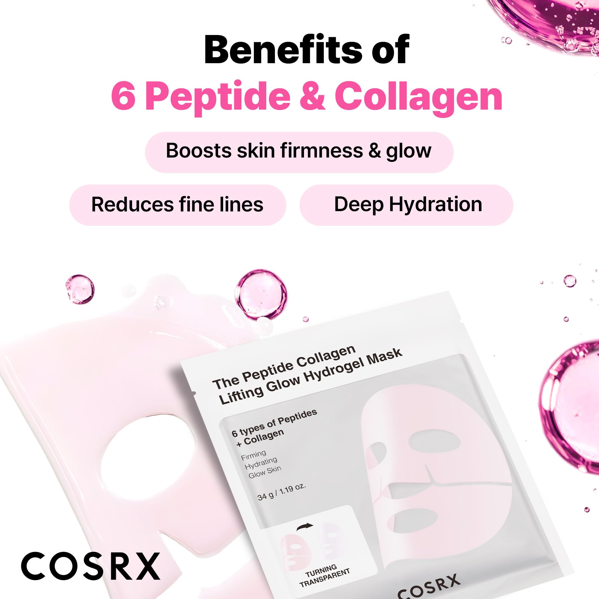 COSRX Pink Peptides Collagen Lifting Glow Hydrogel Face Masks Skincare 3 EA, Collagen Face Mask, Travel Essentials, Overnight Face Mask, Korean SkinCare