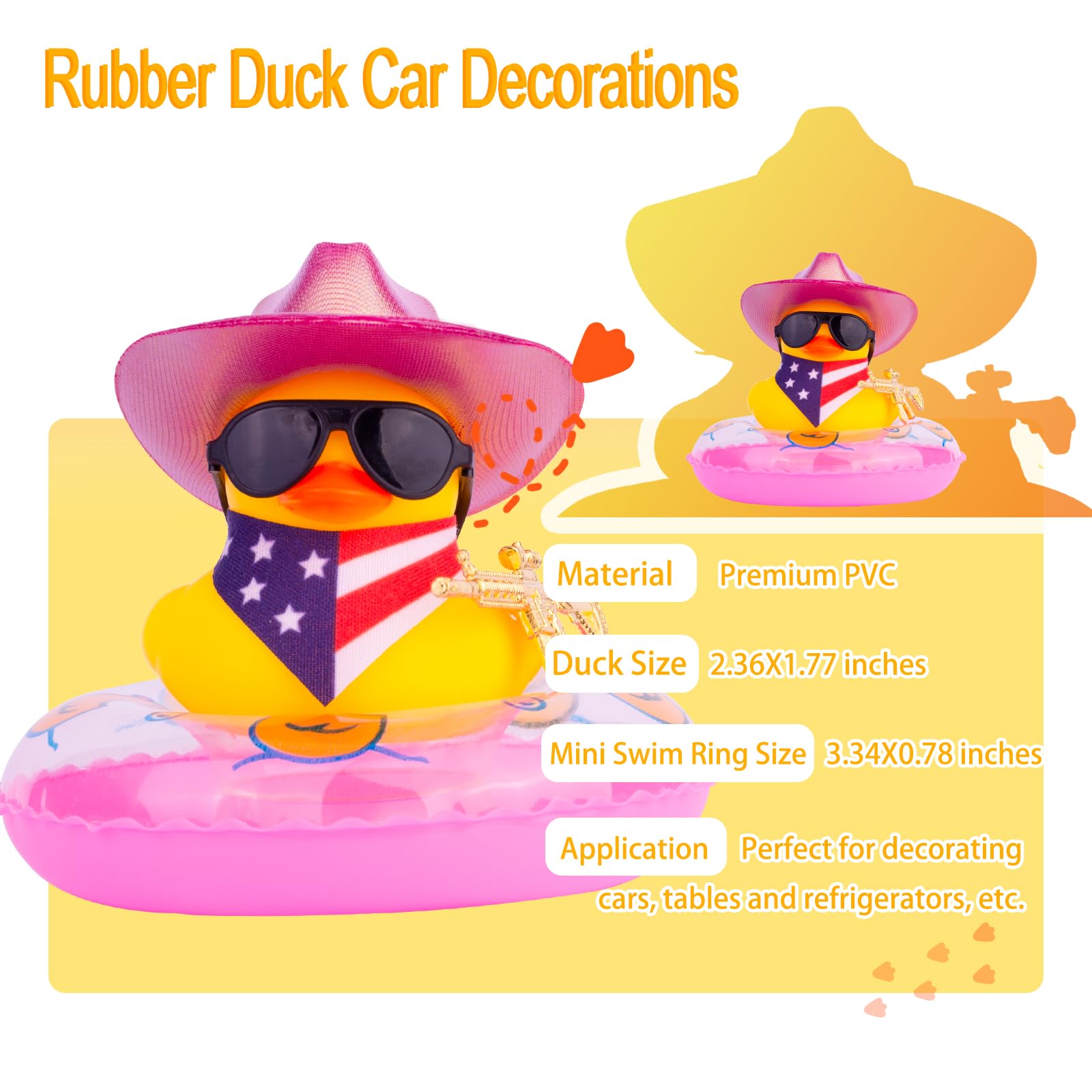 MuMyer Rubber Ducks for Cars Dashboard, Cowboy Duck Car Dashboard Decorations Accessories with Mini Holographic Cowboy Hat Swim Ring Scarf Sunglasses and Special Prop(Rose&US)