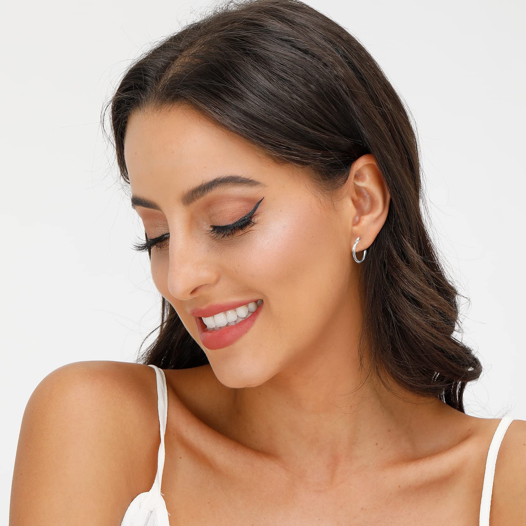 3 Pairs 925 Sterling Silver Hoop Earrings | Small White Gold Plated Hoop Earrings for Women Girls (13mm, 15mm, 20mm)