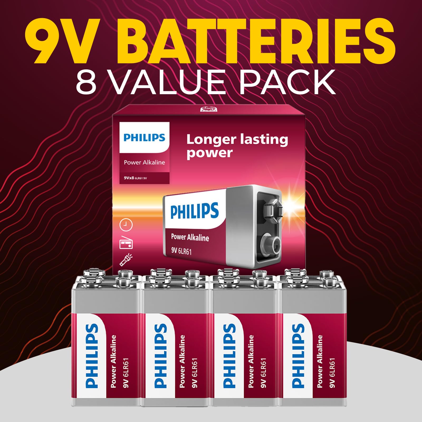 PHILIPS 9 Volt Battery, (8-Count) Power Alkaline 9v Batteries for Smoke Detector, Long Lasting Power Up to 10 Years in Storage, 9v Battery Leak Proof Design, All Purpose Rectangle Batteries.