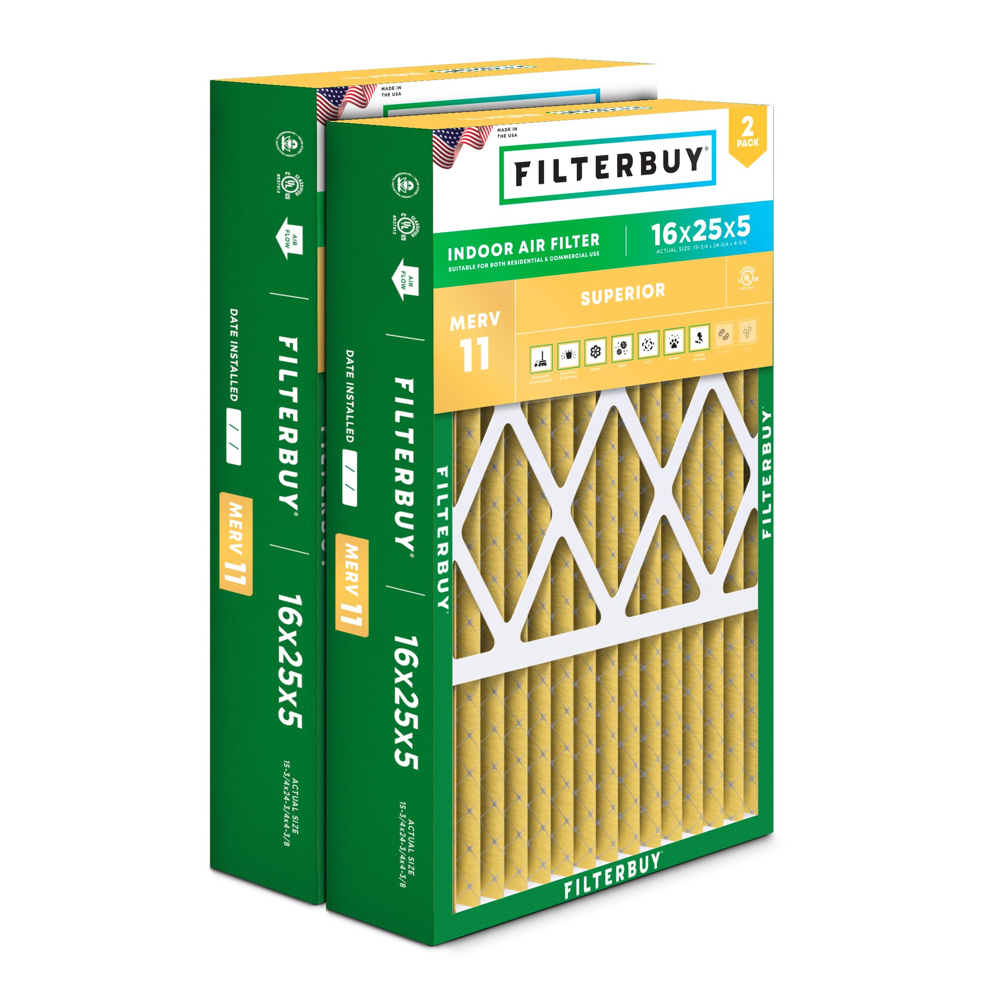 Filterbuy 16x25x5 Air Filter MERV 11 Allergen Defense (2-Pack), Pleated HVAC AC Furnace Air Filters for Honeywell FC100A1029, Lennox X6670, Carrier, & More (Actual Size: 15.75 x 24.75 x 4.38 Inches)