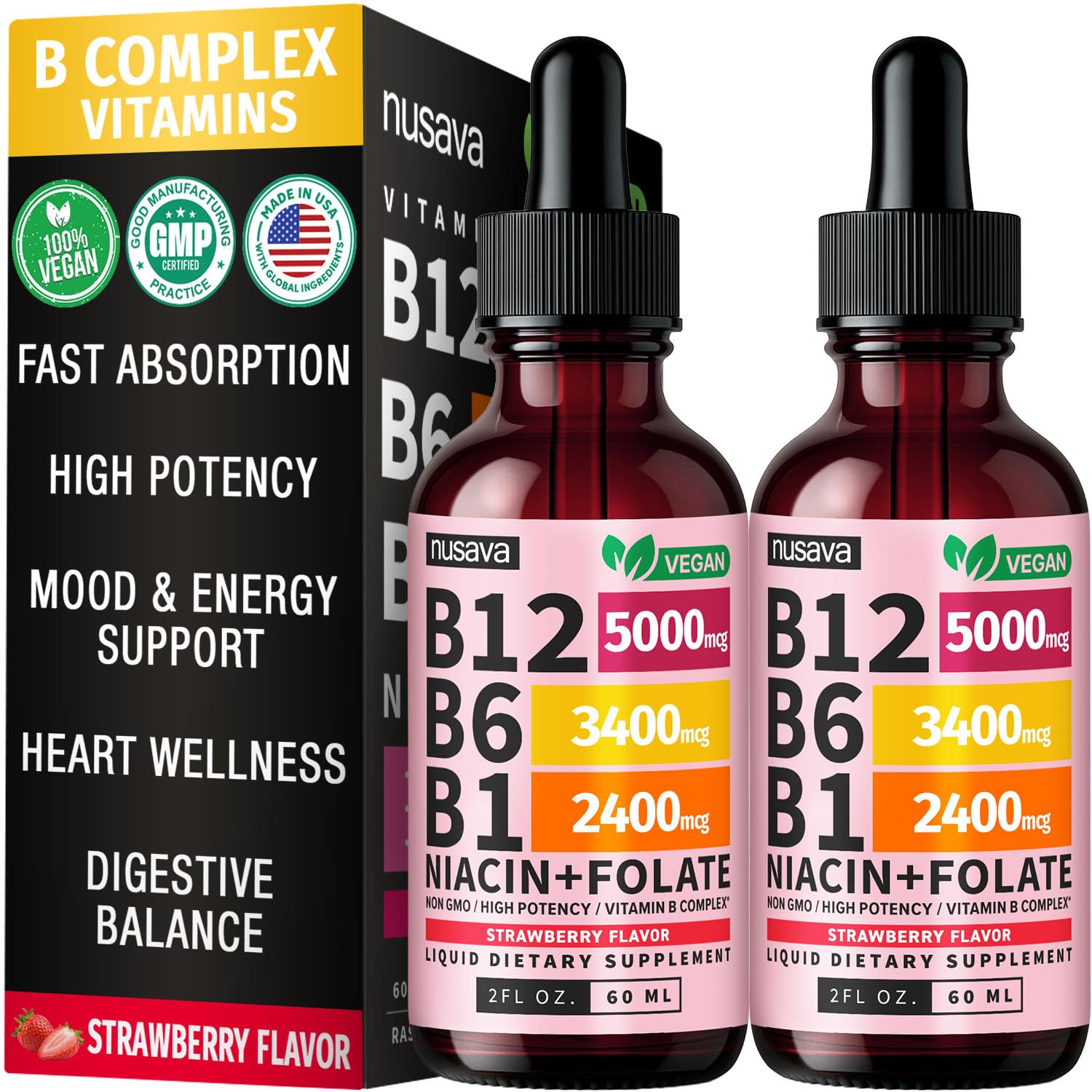 (2 Pack) Vitamin B12 and B6 Liquid Drops, B12 Sublingual Vitamin B Complex - B 12 Vitamin 5000mcg - B12 Methylcobalamin for Energy, Brain, and Heart Support with 27,200 mcg, Strawberry, 80 Servings