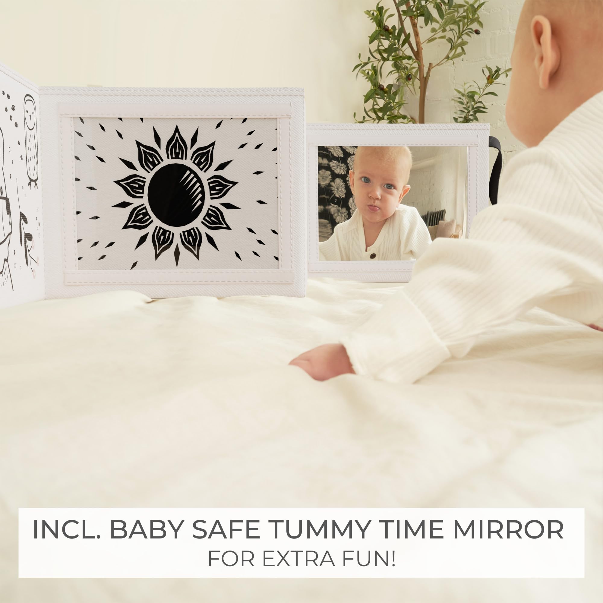 Soft Tummy Time Book w/ Stimulating Baby Safe Mirror - Fun Black and White Montessori Toy w/ Crinkle Filling & 20 High Contrast Designs - Perfect Newborn Toy For Safe and Early Infant Development