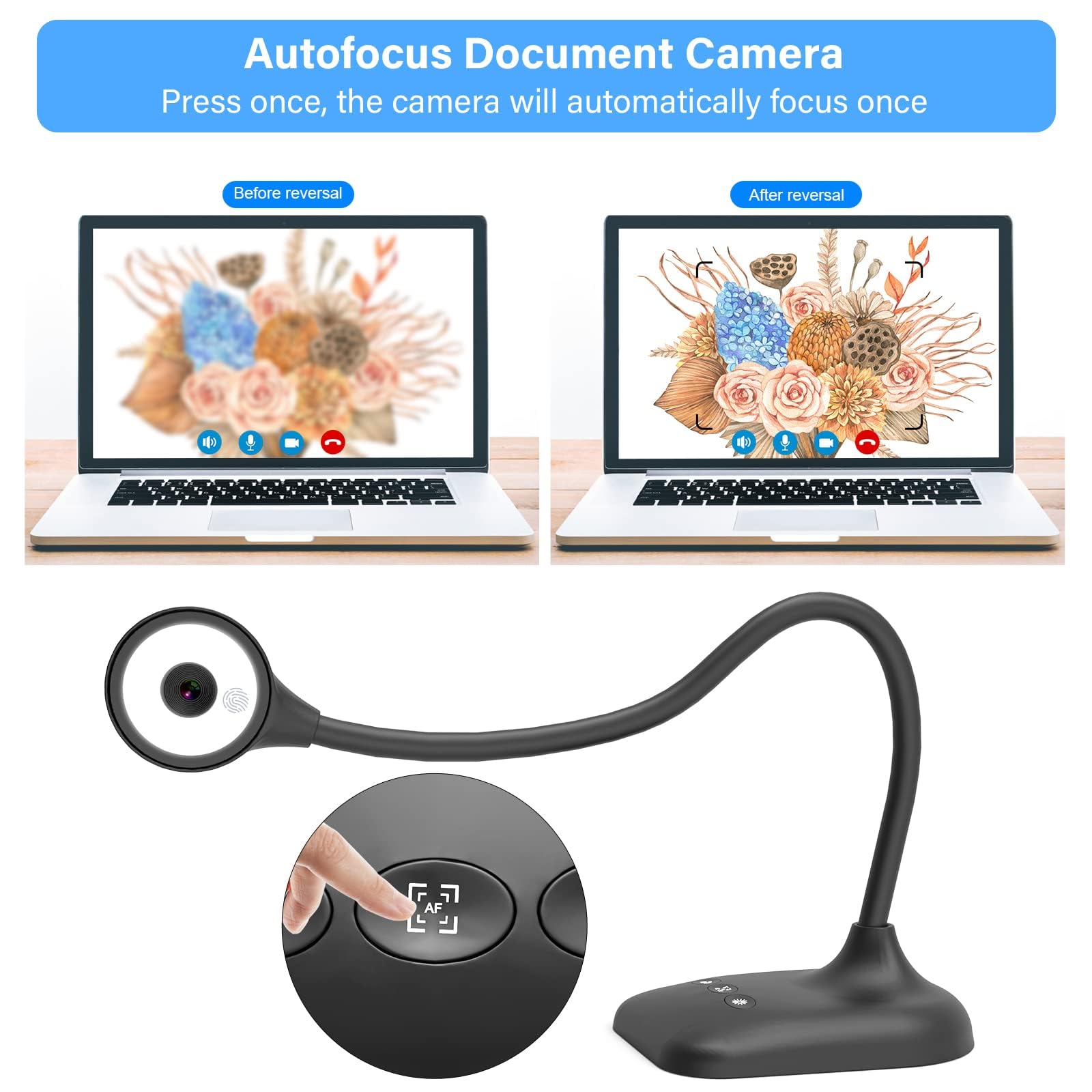 kitchbai Document Camera for Teachers, Webcam and Overhead Camera for Classroom with Mic, LED Lights, Image Invert, Fold for Mac OS, Windows, Zoom, OBS Work with Distance Learning/Teaching, Live Demo