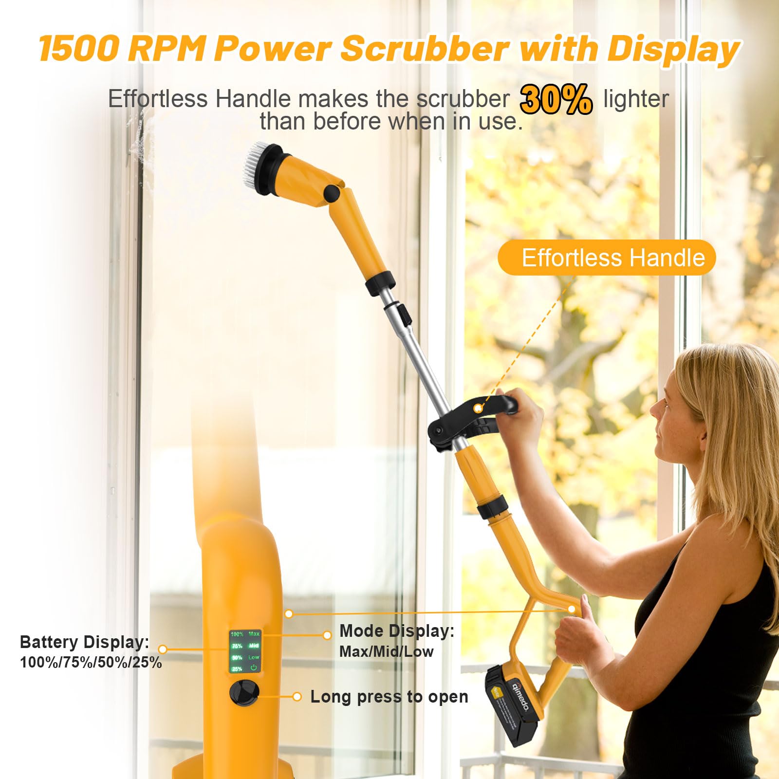 Qimedo 1500 RPM Electric Spin Scrubber with Two Batteries Q2 Pro, Cordless Battery Powered Shower Scrubber,Electric Tile Floor Scrubber with Display for Grout/Tile/Tub (Effortless Handle/8 Brushes)