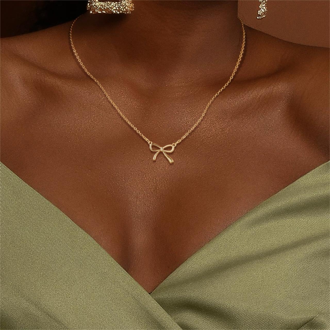 Hothrty Bow Necklace 14K Real Gold Plated Choker Simple Dainty Gold Necklace for Woman Pendant Necklace Bow Jewelry Trendy Cute Gold Necklace for Woman Jewelry Gift