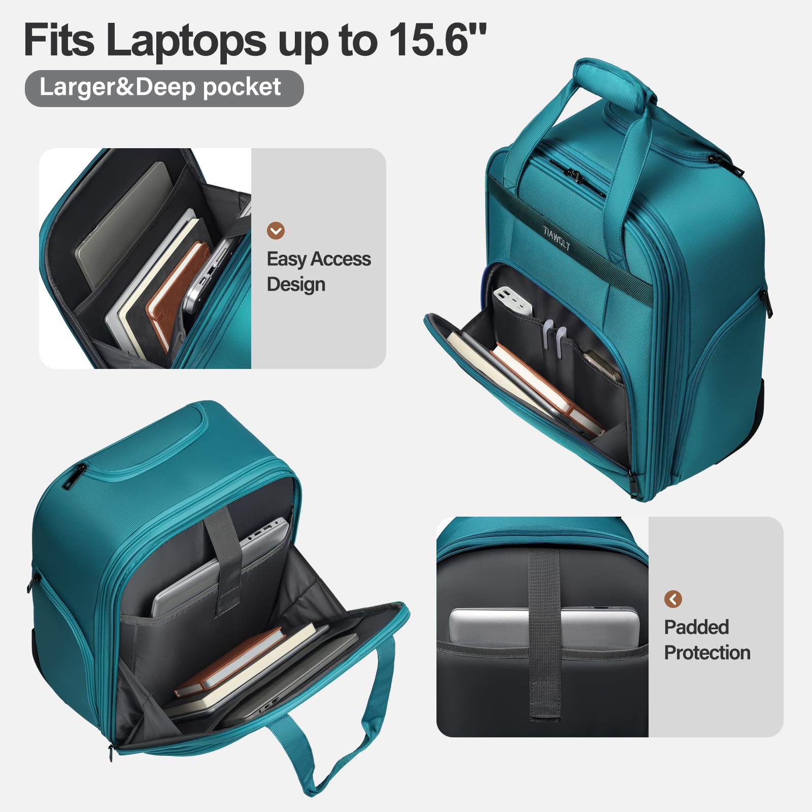 TIAWOLT Personal Item 16-Inch Underseat Carry on Luggage With Wheels Lightweight Wheeled Underseater under seat bags for airplanes Upright 2 Wheel Teal Green