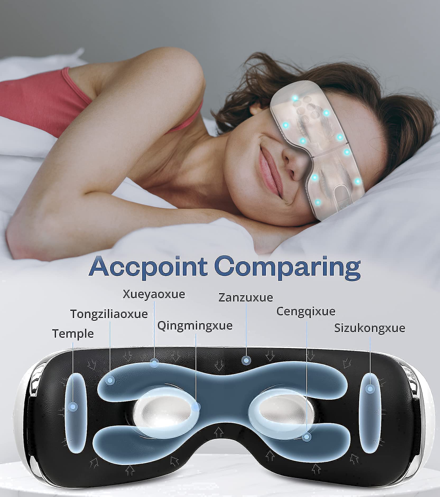 BOQUBOO Eye Massager with Heat and Cooling for Migraine Dry Eyes Relief, Rechargeable Bluetooth Music Migraines Relief Eye Massager Improve Sleeping Gifts for Women Men