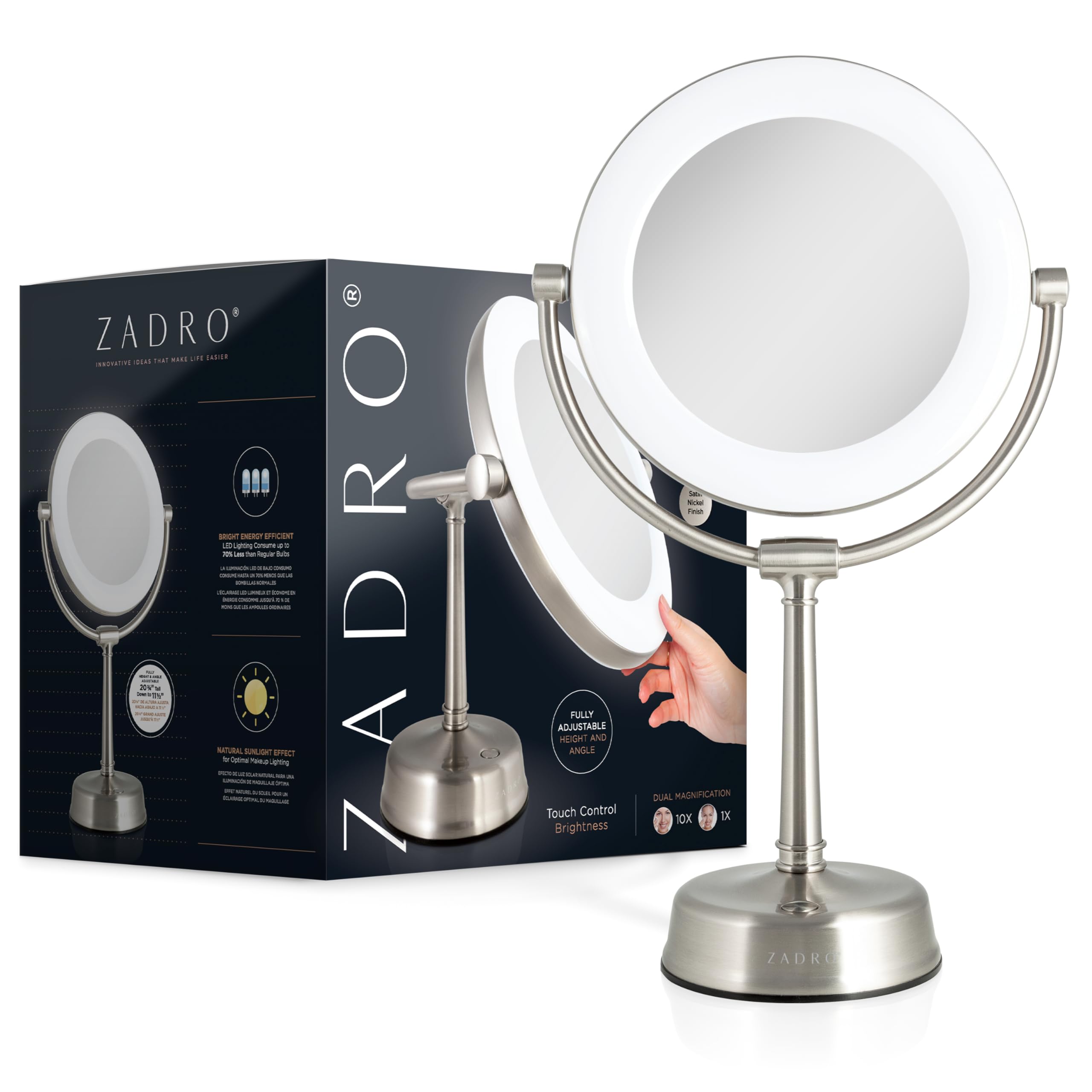 Zadro Lexington LED Lighted Makeup Mirror with Magnification Two-Sided Swivel Mirror with Lights for Makeup Desk Vanity (10X/1X, 12" W x 20" H, 10" Head, 7.5" Mirror, Satin Nickel)