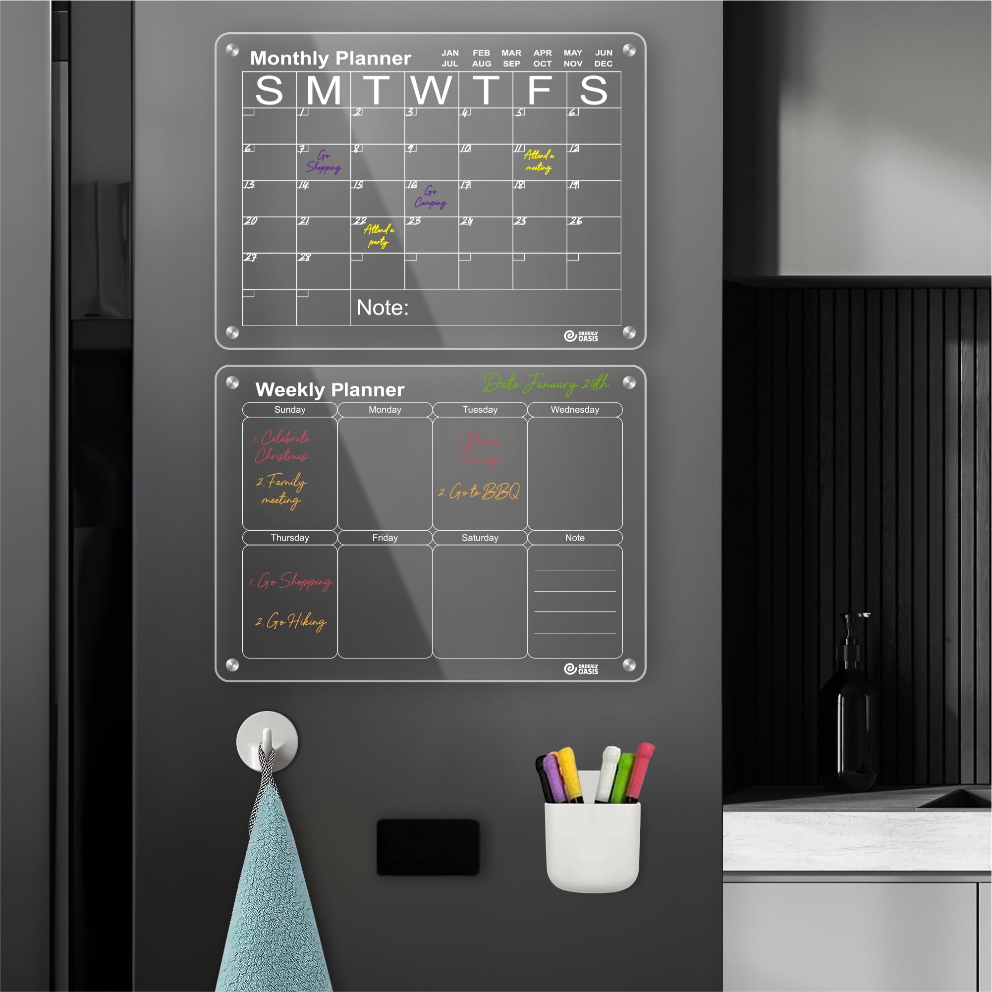 Orderly Oasis 16"x12" Acrylic Magnetic Monthly and Weekly Calendar Set for Refrigerator. Includes 7 Premium Dry Erase Markers with 7 Colors, Magnetic Marker Holder, Magnetic Eraser, Wiping Cloth with Magnetic Hook